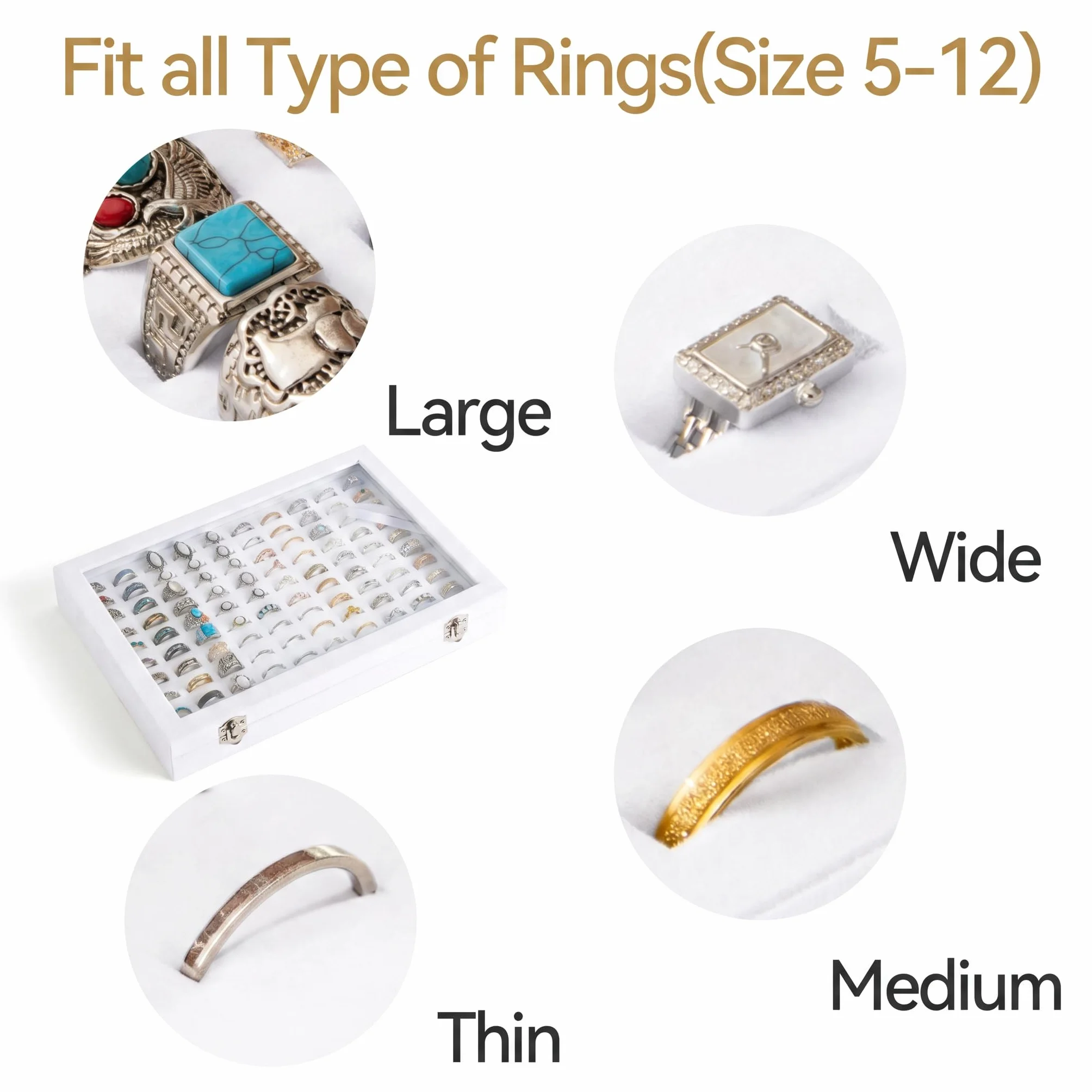 Frebeauty Bandeja organizadora de anillos con 100 ranuras para anillo con tapa transparente, caja de almacenamiento de anillo de terciopelo, bandeja de anillo(Blanco)