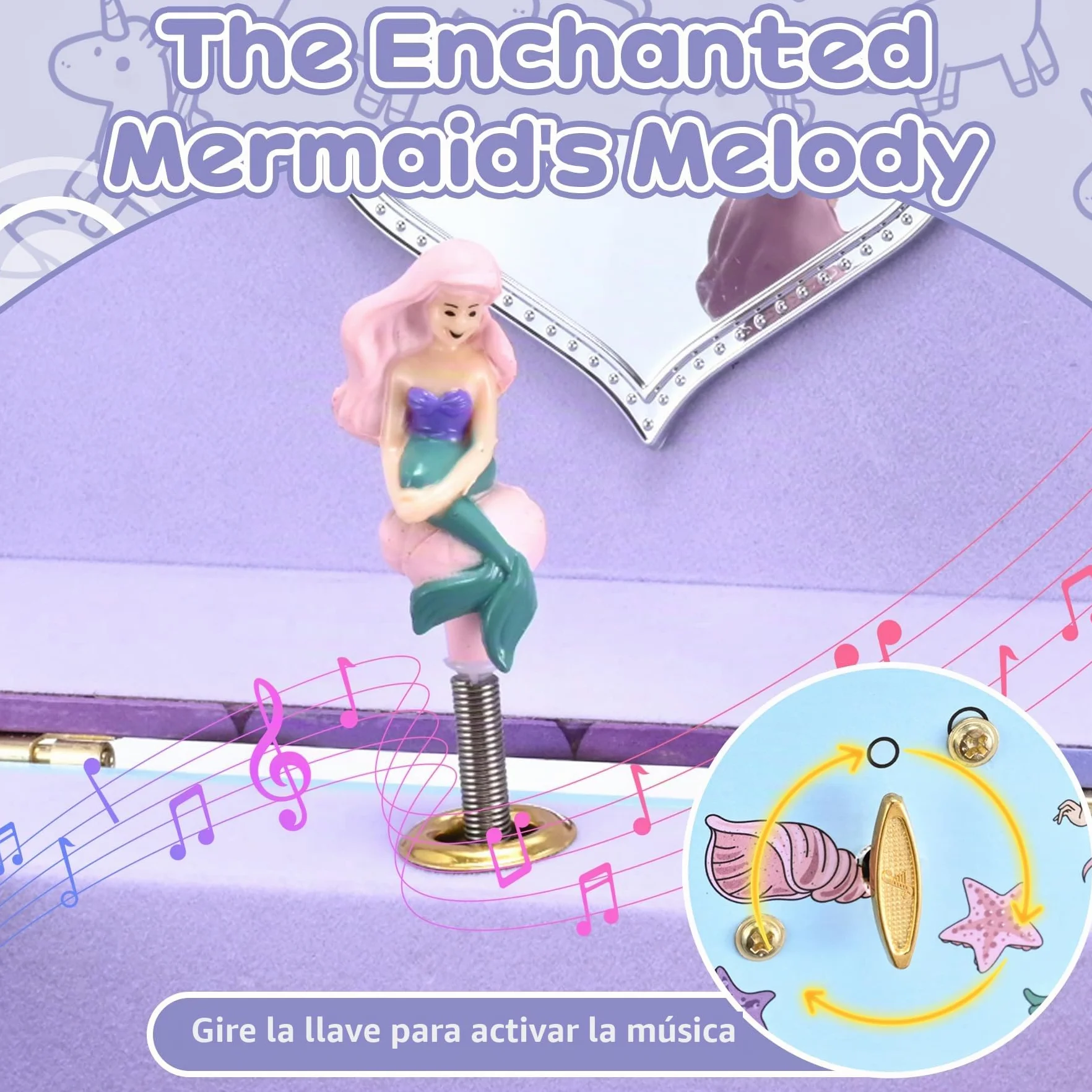 Joyero Musical Sirena para Niñas con Sirena Giratoria y Espejo - Regalo Cumpleaños Navidad 3-10 años Violeta