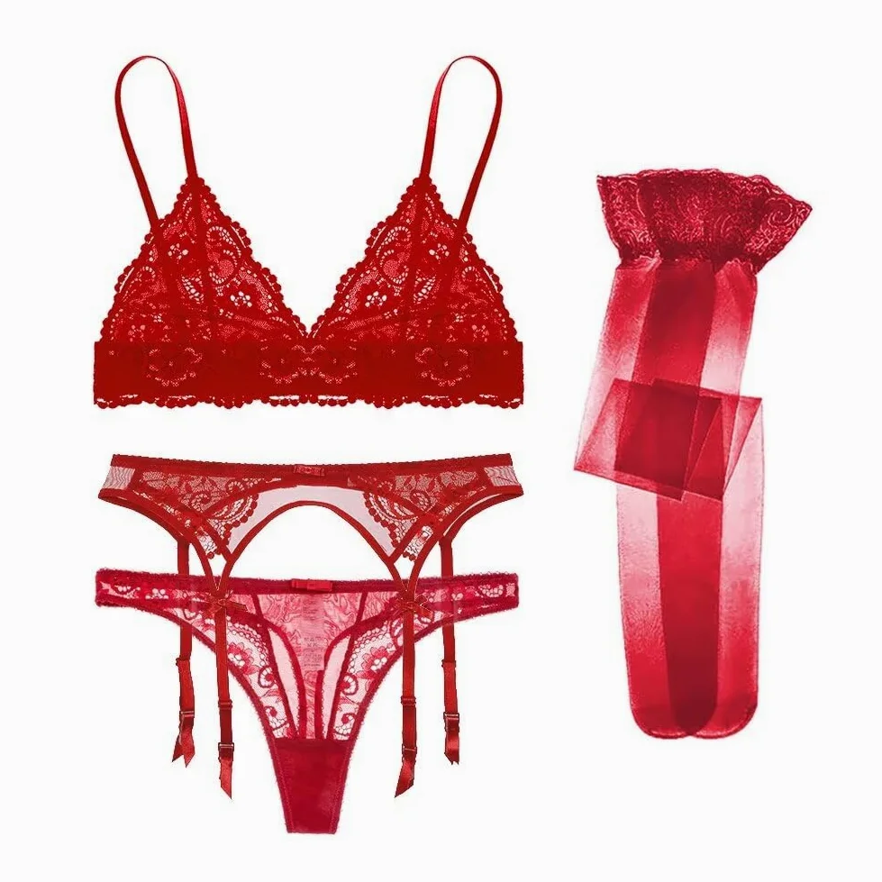 Mujer Hacer Subir Cordón Conjunto de Sujetadores Cordón Lencería Sostén y Bragas y Calcetines y Visera 5 Piece