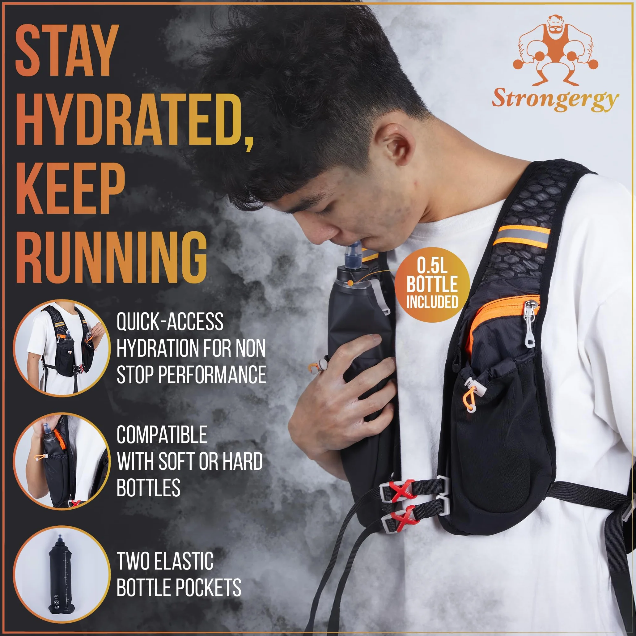 Chaleco Running Hombre y Mujer, Chaleco Hidratación Trail Running 40x22cm, Dos Bolsillos Exteriores, Dos Compartimentos, Botella de 0.5L y Silbato Incluido, Mochila Correr Hombre y Mujer