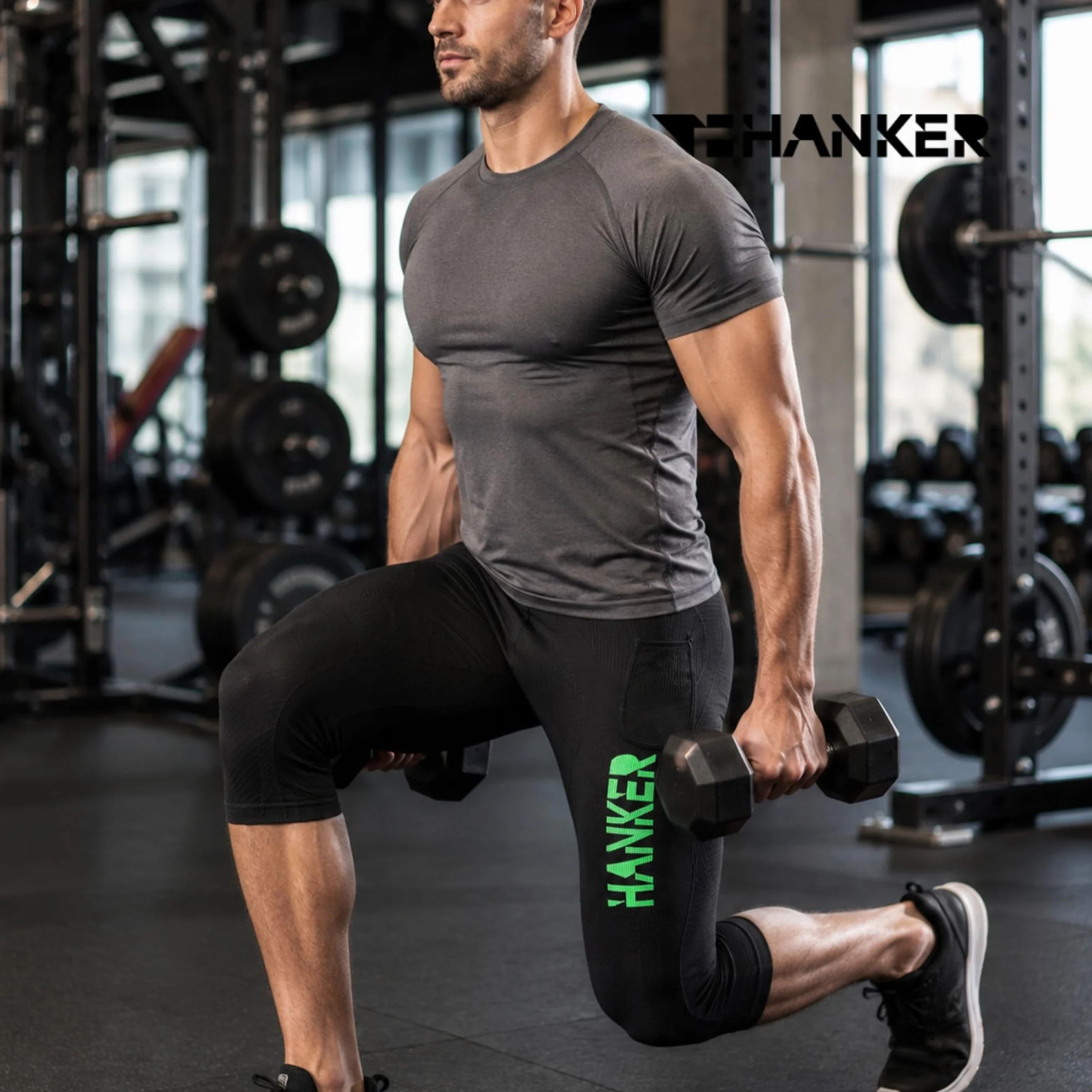 HANKER Mallas de Compresión 3/4 Hombre Running Trail Fitness Bolsillos Grandes Costuras Planas