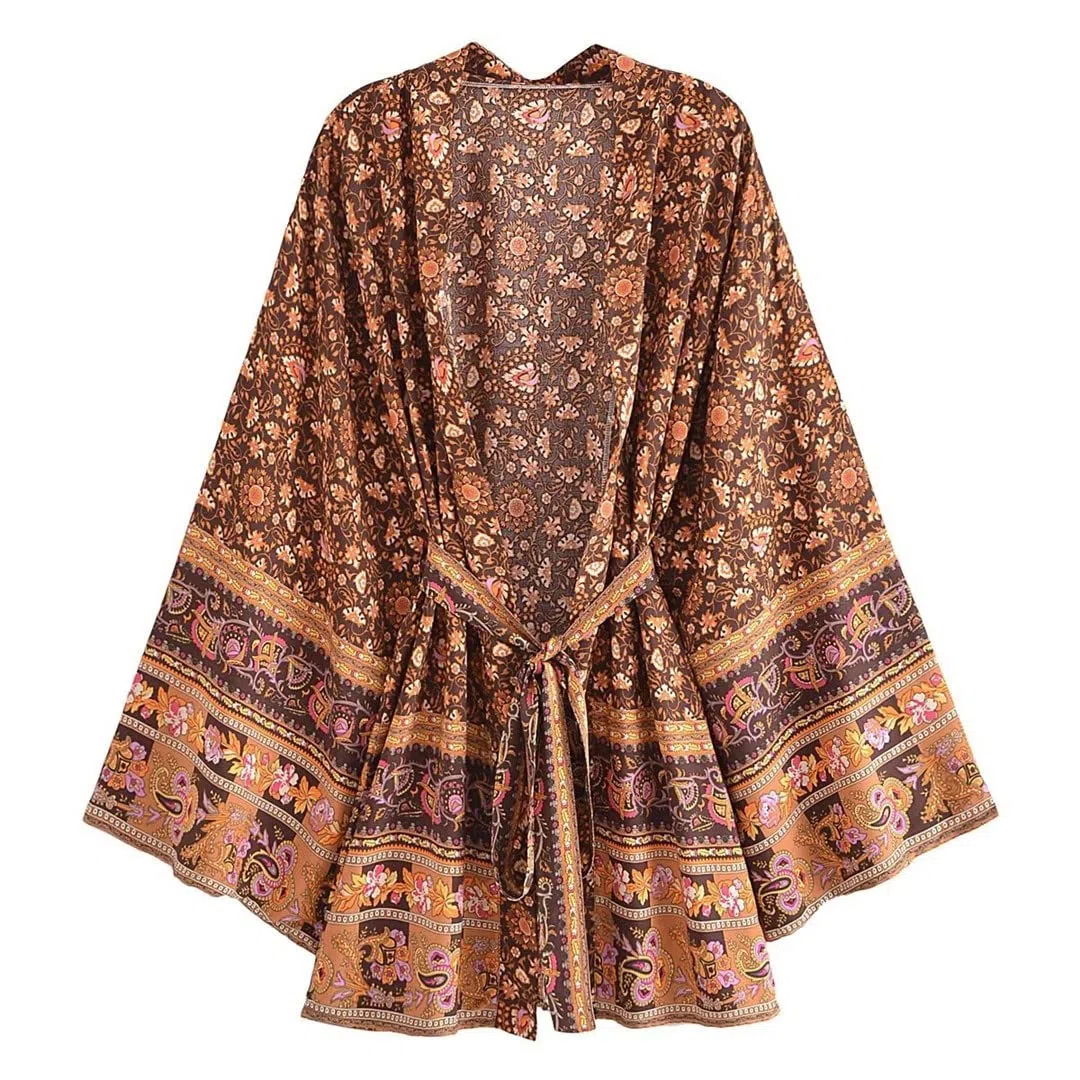 Dninmim Bata estilo kimono de algodón con estampado floral vintage para mujer, de manga larga, para verano, para la playa, estilo bohemio, Como se muestra en la imagen., S
