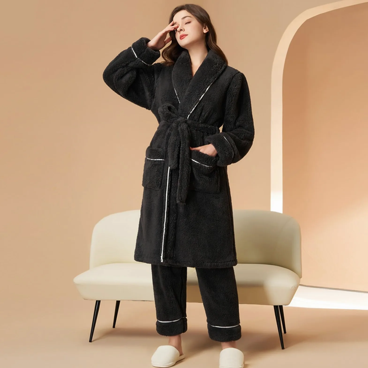Bata de baño de forro polar con cuello chal para mujer, bata larga de felpa con pantalones largos, conjunto de ropa de dormir gruesa y cálida, ropa de dormir para mujer, abrigo largo