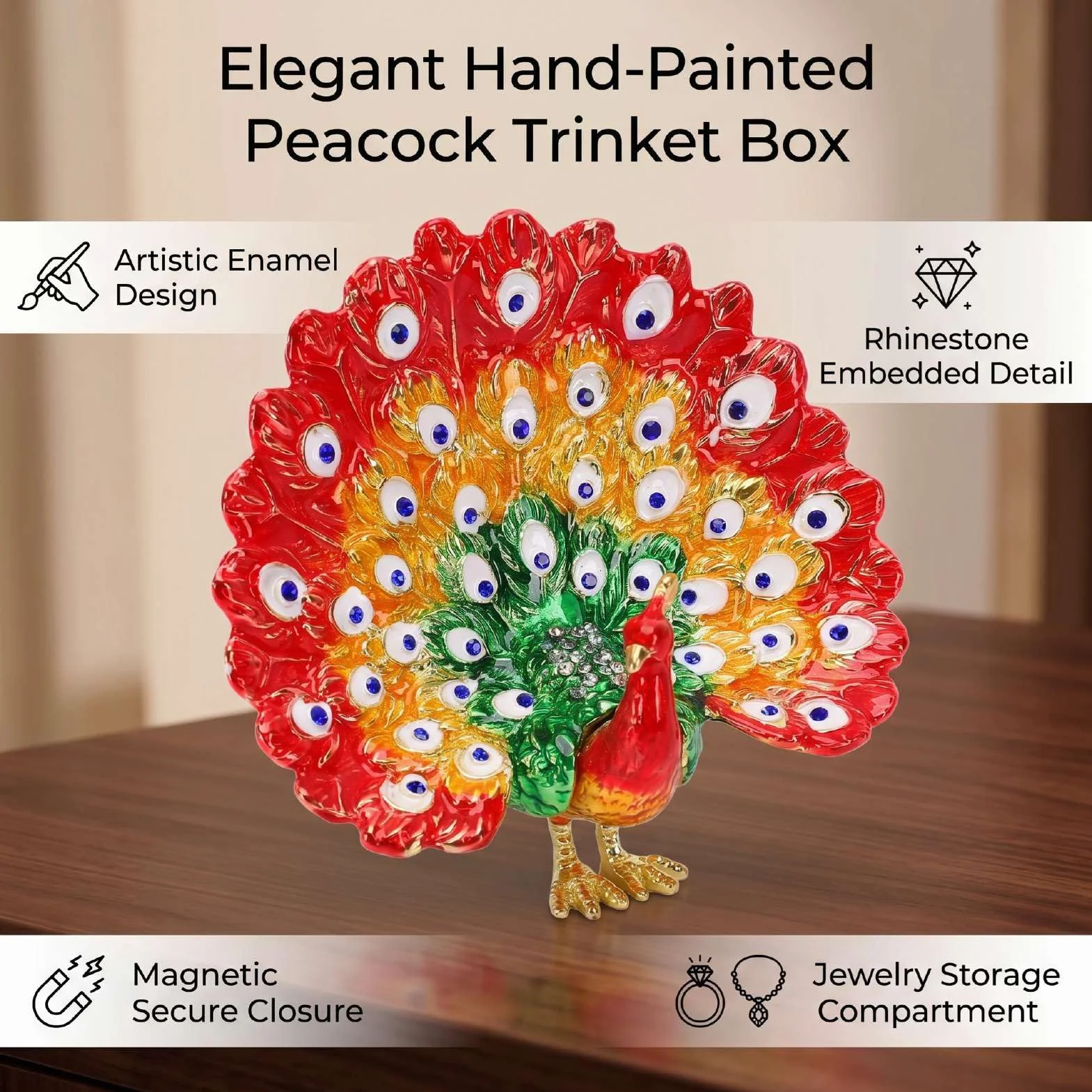 Luocute Caja de Baratija de Pavo Real Esmaltada, Joyero Pintado a Mano con Diamantes de Imitación y Cierre Magnético, para Decoración del Hogar (rojo)