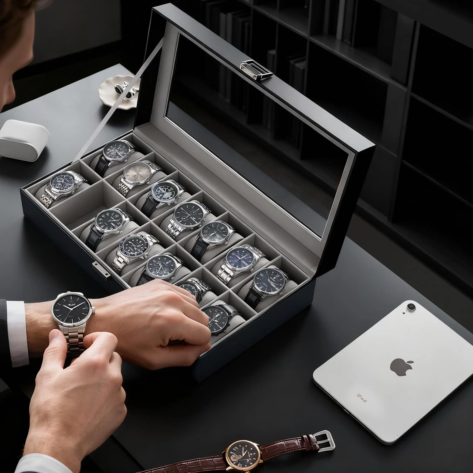 ProCase Caja Organizadora de Relojes 14 Ranuras, Estuche Joyero con Tapa de Cristal, Vitrina de Almacenamiento para Relojes, Pulseras y Joyas, Regalo Elegante para Hombres y Mujeres – Negro