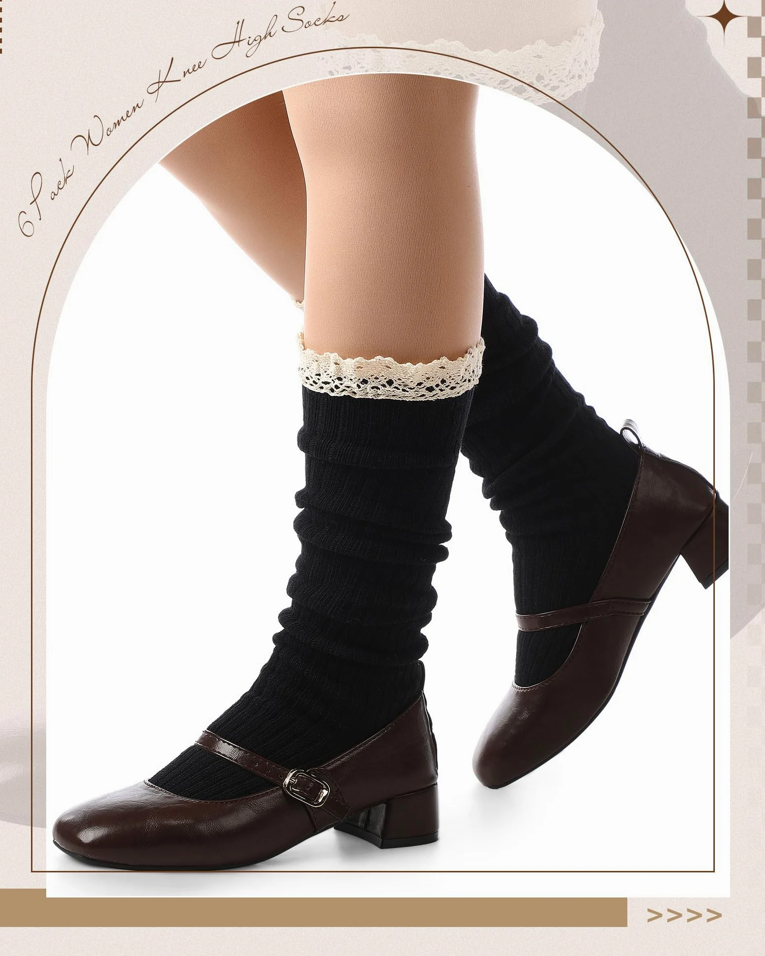 Syhood Paquete de 6 calcetines de punto de algodón para mujer, calcetines altos hasta la rodilla con ribete de encaje, calcetines de encaje, calcetines altos para botas por encima de la rodilla,