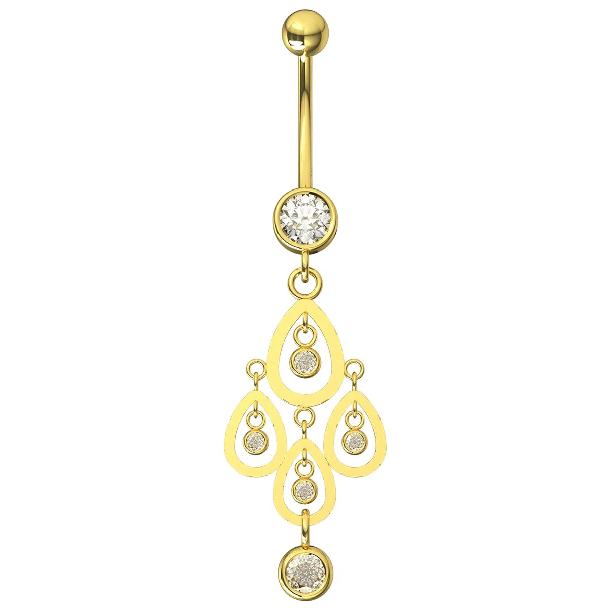 Monster Piercing Azario Londres 14 K oro amarillo sólido claro CZ piedra multi lágrima araña colgante barra barriga plátano piercing joyería