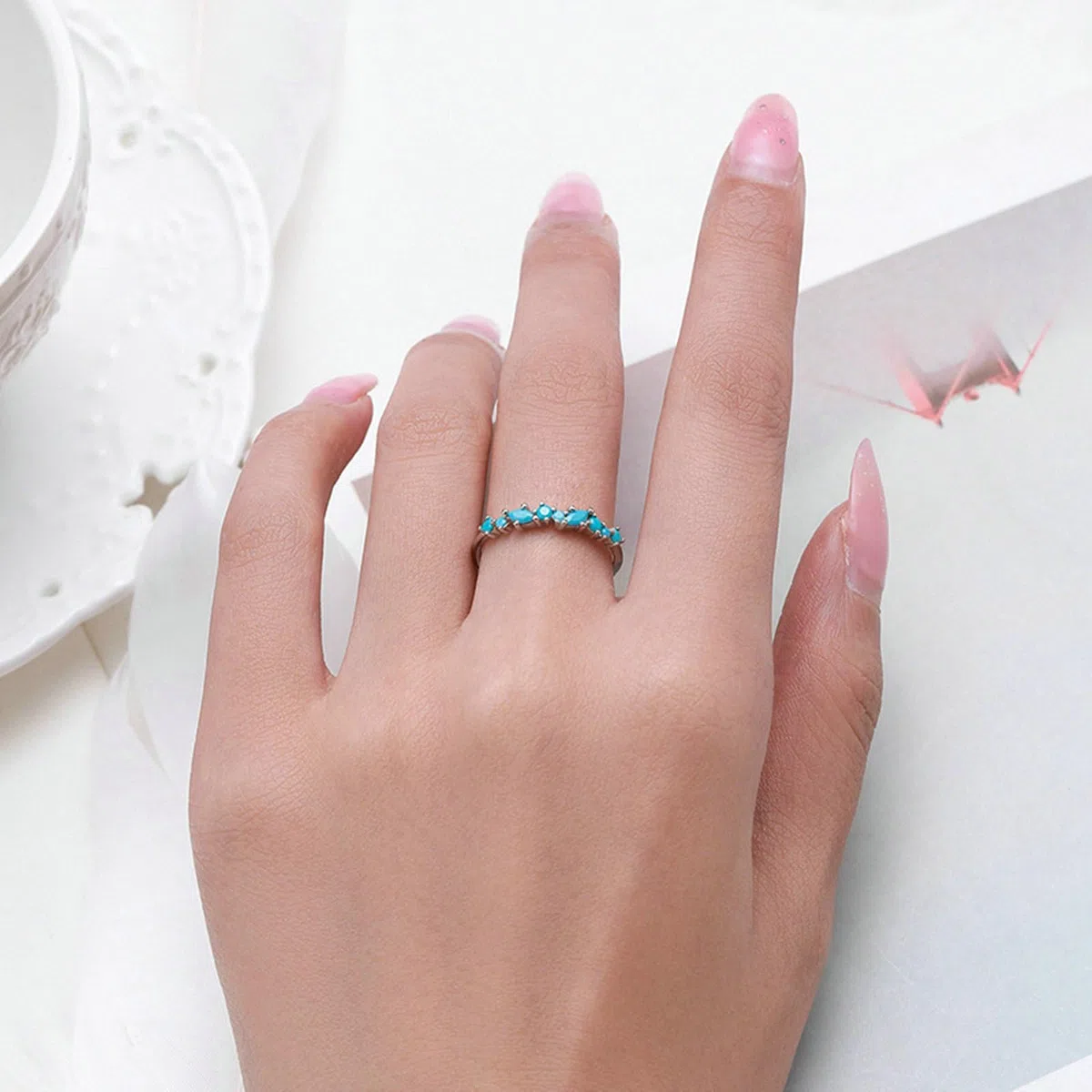 Alianzas de boda para mujer, anillo de compromiso de oro blanco de 18 quilates, simple marquesa, redondo, turquesa, anillo de boda de oro blanco para mamá, novia, novia
