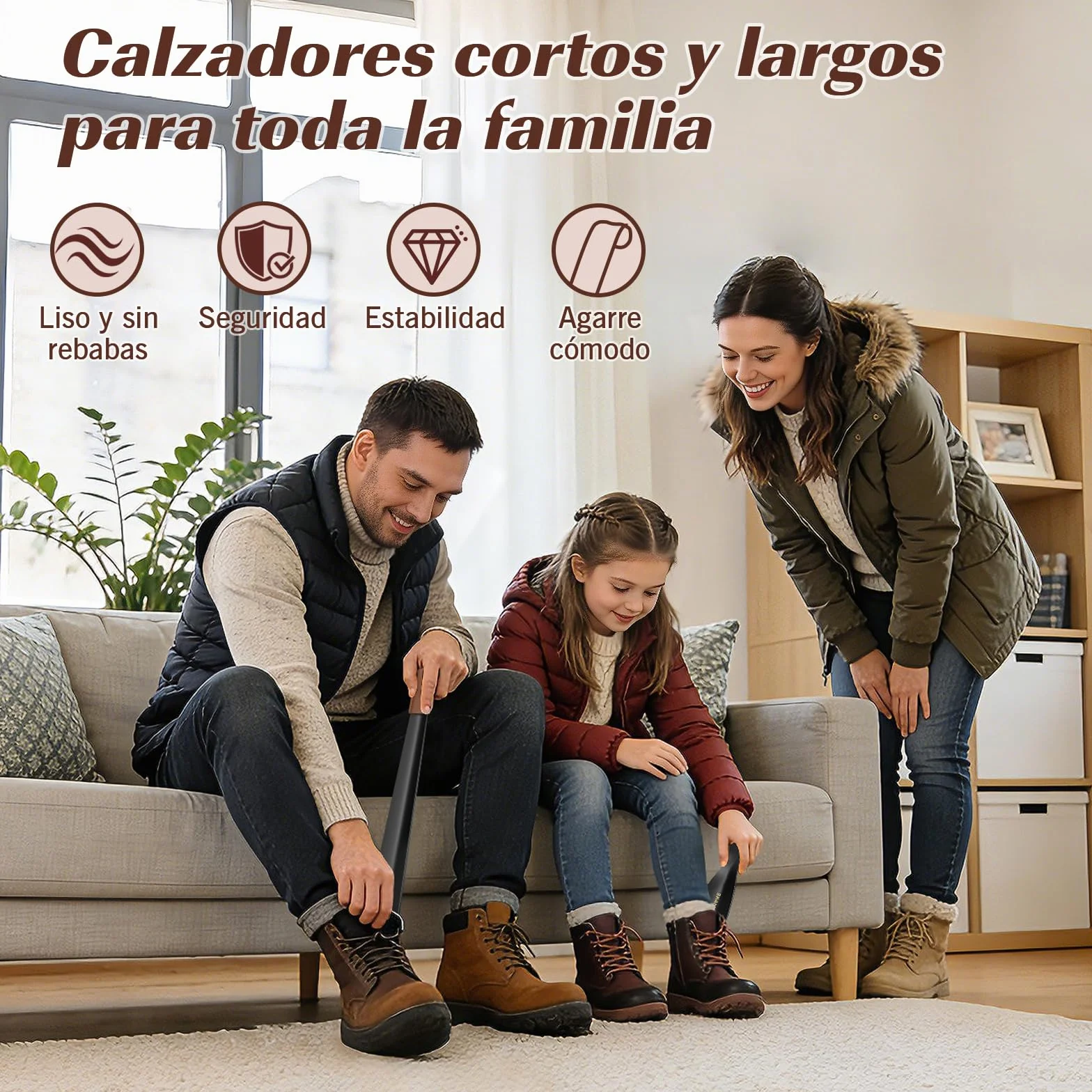 ZOMAKE Calzador de Zapatos Metalico 42cm Acero Inoxidable Negro para Personas Mayores Correa Cuero 2 Piezas