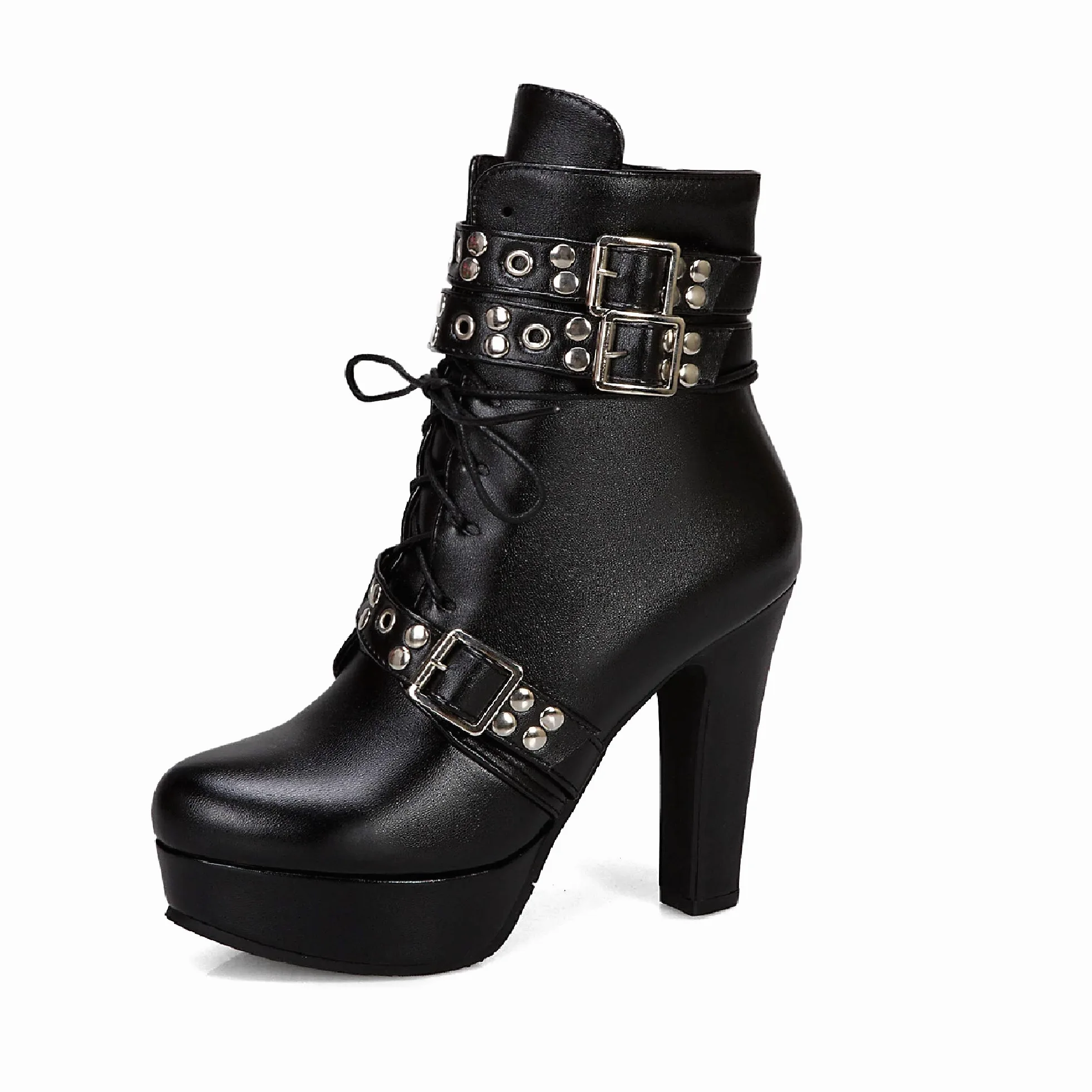 JIEEME Moda de mujer con cordones Cremallera Tacón bloque Tacón alto Punta redonda Plataforma Caminar Fácil Cómodo Botas de caña corta para mujer z39961