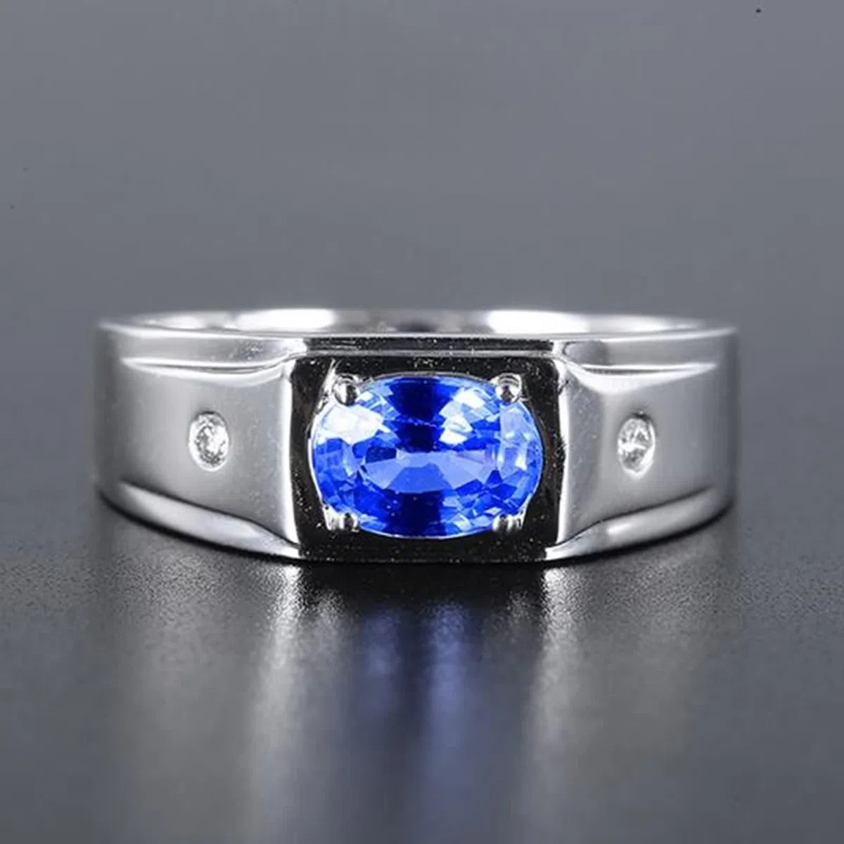 Anillos Oro 18K, Anillos de Compromiso para Hombre Azul 1.33 Kilates Zafiro Creado En Laboratorio Clásico Oro Blanco 750 con Moissanita Talla 8