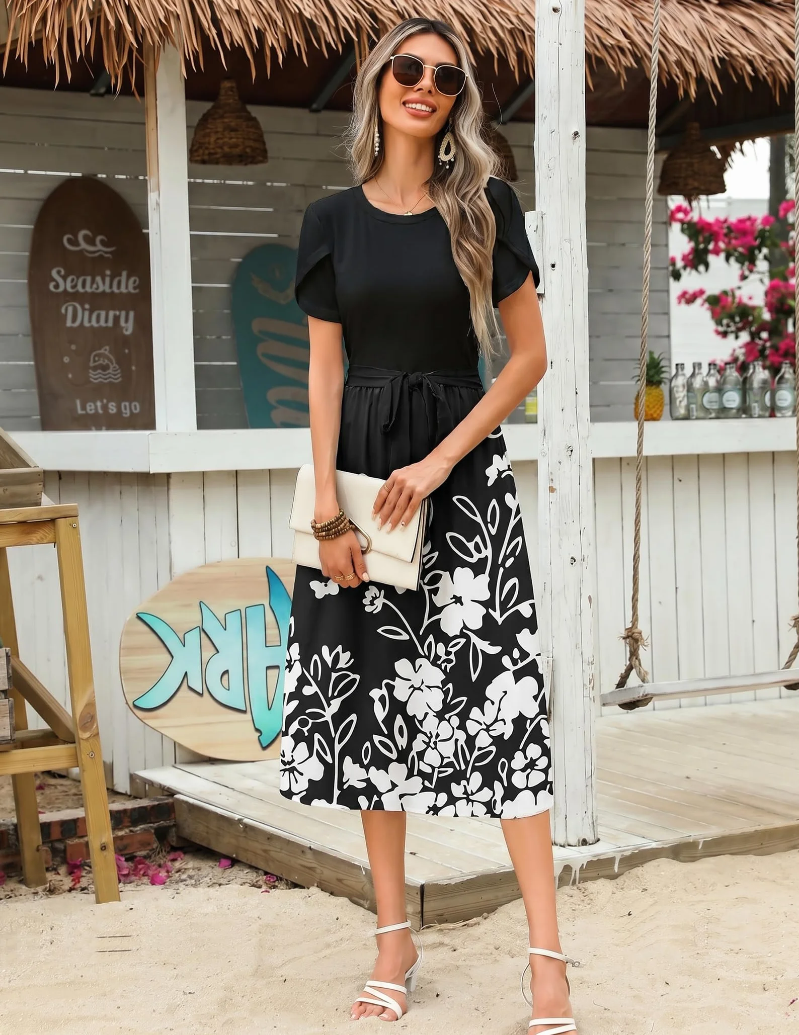 Zeagoo Vestido de Verano para Mujer Cuello Redondo Casuales Cortas Mangas Vestidos Midi Vestido de Playa Estampado de Flores con Bolsillos S-XXL