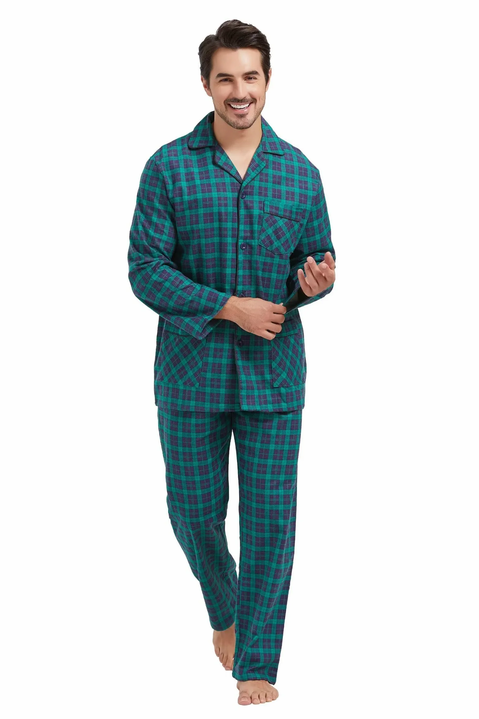Amaxer Pijama de Dos Piezas Hombre, Conjunto de Pijama de Franela de algodón 100%, Ropa de Dormir para Hombre, Top de Manga Larga con Bolsillos, Pantalones de Pijama con cordón