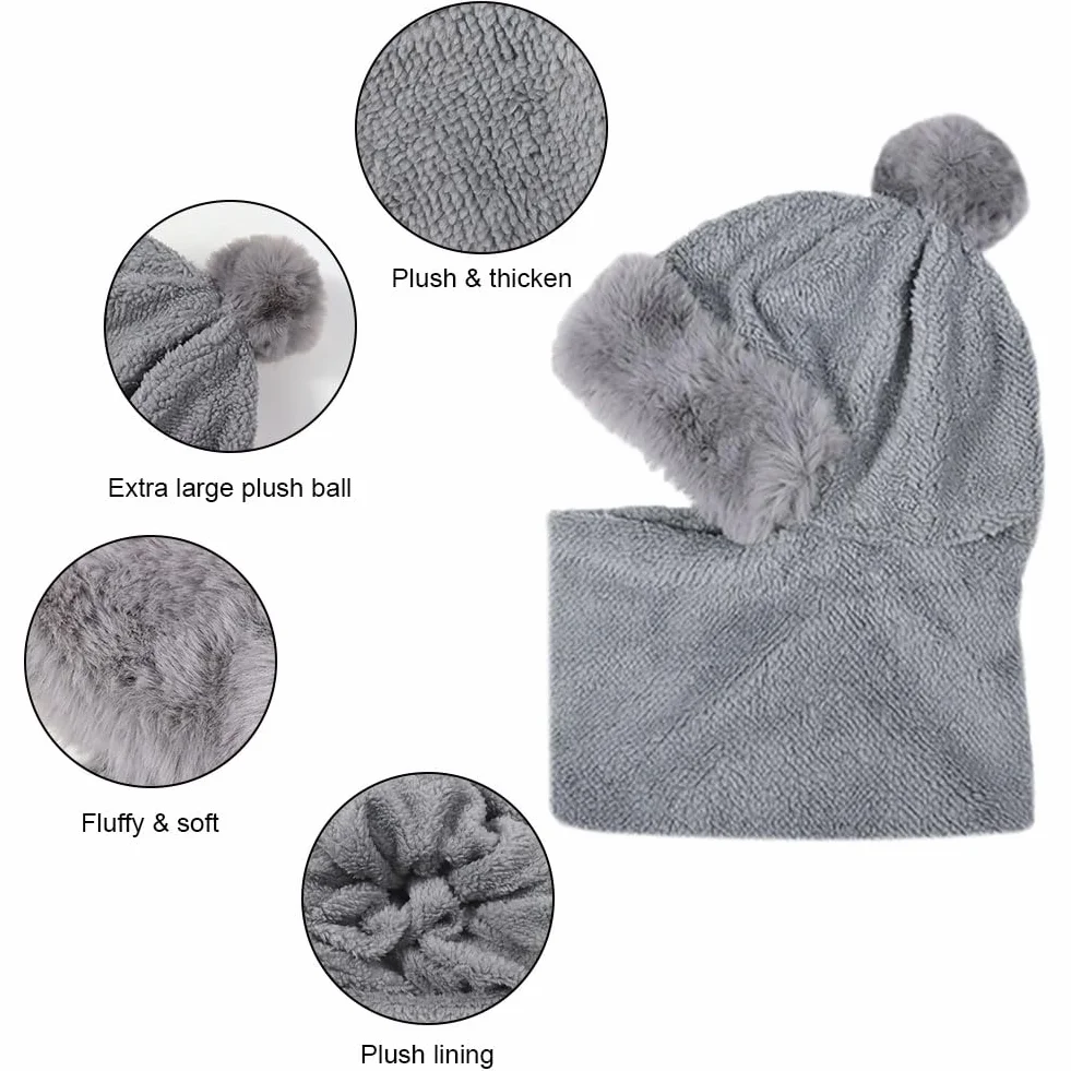 Gorro de Invierno con Pasamontañas Mujer Cálido Prueba de Viento Bufanda de Sombrero con Forro y Pompom para Esquí al Aire Libre