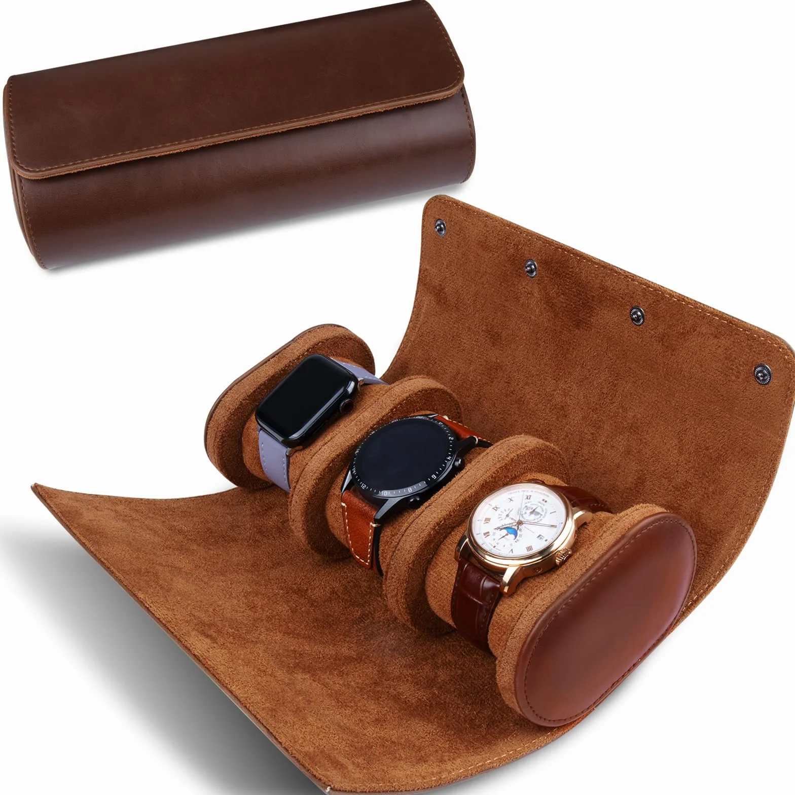 Caja de Reloj cilíndrica con 3 Ranuras, Estuche de viaje para reloj, Caja de Reloj Vintage para Hombres y Mujeres - Versión mejorada Marrón