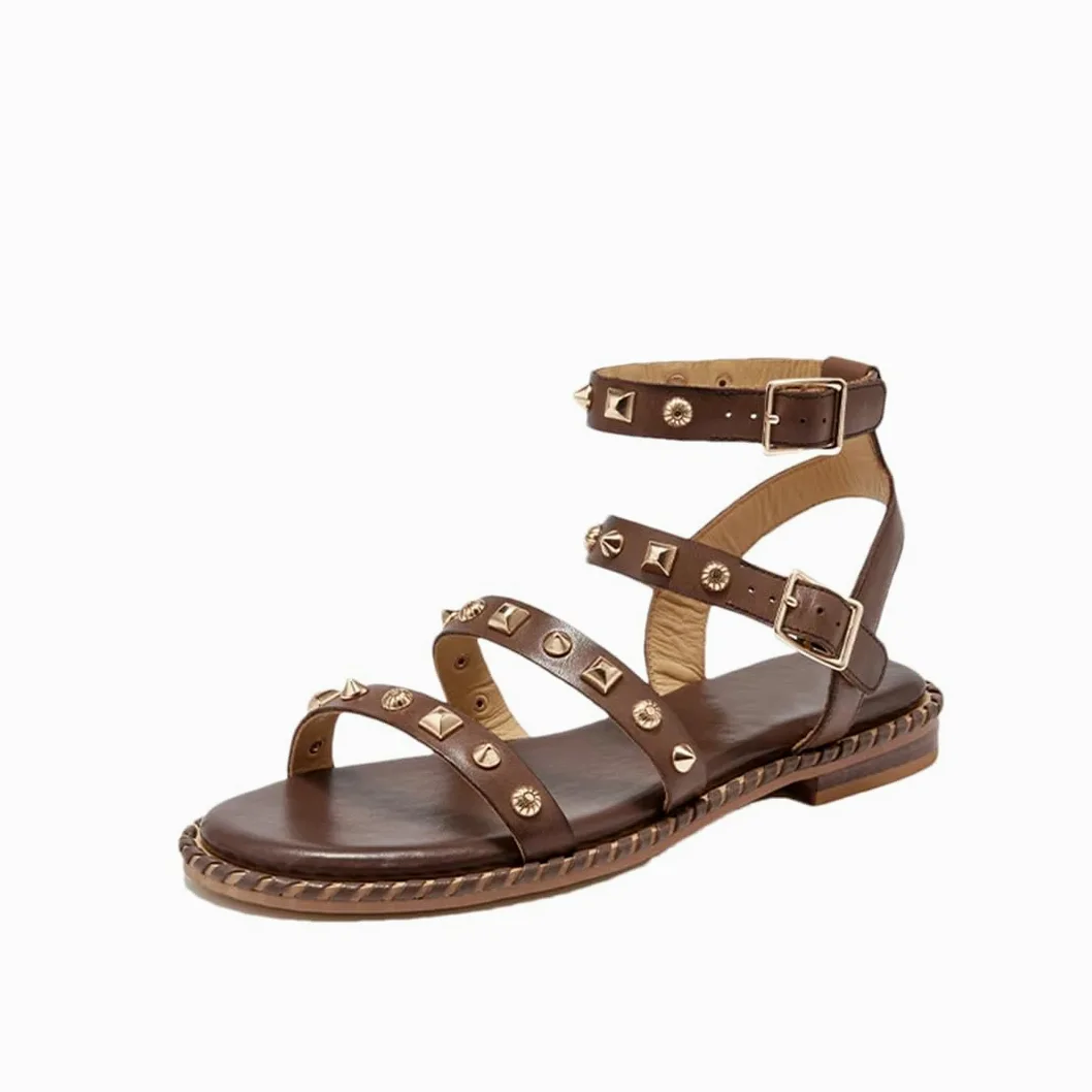 Sandalias básicas de piel de vaca con correa de tobillo y tacón plano para mujer, estilo informal, con hebilla, café, 38.5 EU