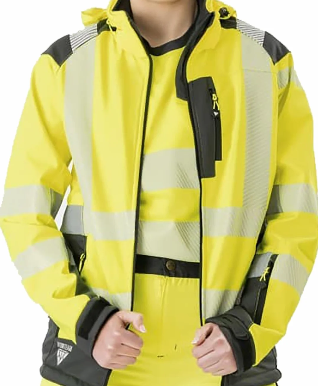 WORKTEAM Chaqueta Softshell de ALTA VISIBILIDAD, Cintas Reflectantes Discontinua, Capucha, Cortavientos, Repelente Agua, Membrana Transpirable y Alta Capacidad Térmica. Unisex