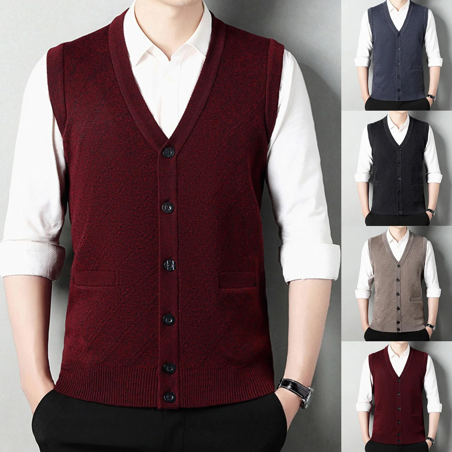 Generisch Chaleco de punto para hombre, sin mangas, patrón trenzado, mezcla de lana, chaleco sin mangas, suéter de punto, camisetas sin mangas, con botones, cómodo, clásico, cárdigan de punto grueso