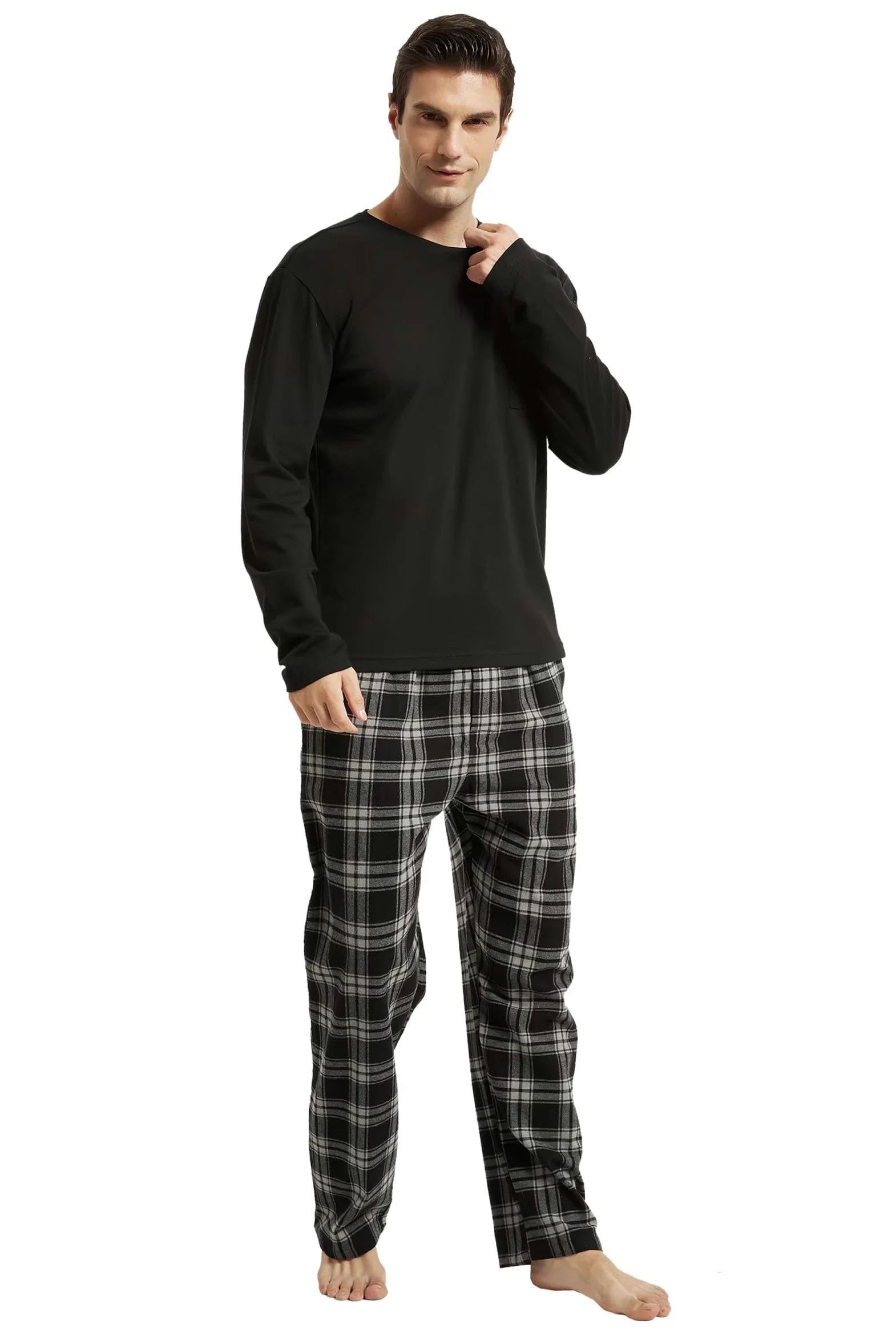 Amaxer Pijama de Dos Piezas Hombre, Conjunto de Pijama de Franela, Ropa de Dormir, Camiseta de Manga Larga con Bolsillos, Pantalones de Pijama con cordón