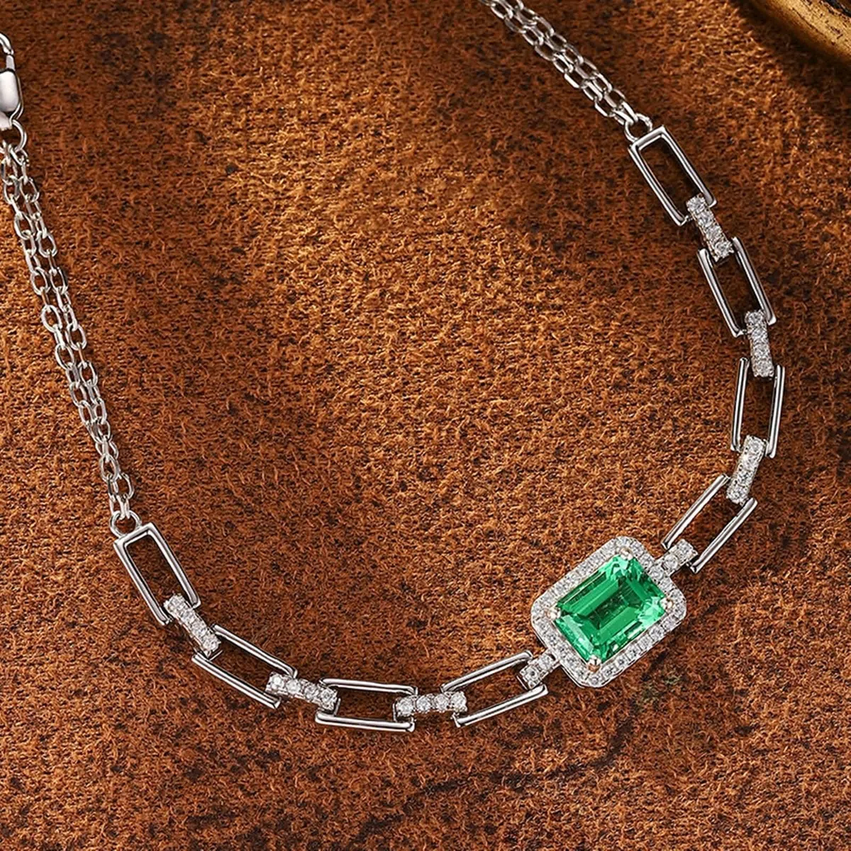 Pulsera de Mujer Oro Blanco 9 K / 14 K / 18 K, Rectángulo con Esmeralda Creada de 1,5 ct y Moissanita, Cadena Extensible 16 CM + 5 CM, Pulsera Ajustable Mujer Cadena Plata Verde