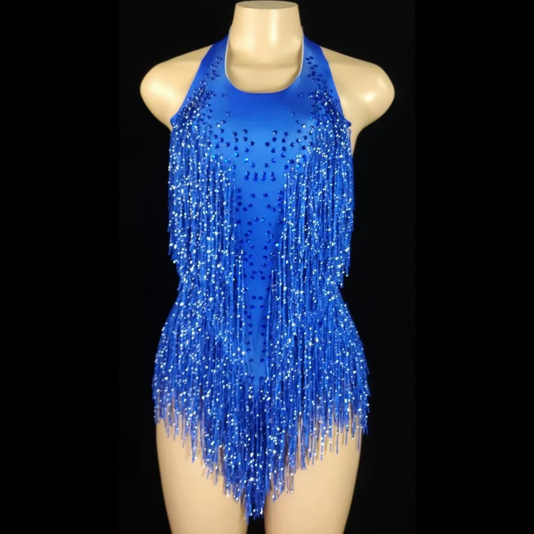Body sexy con flecos de cristales brillantes y borlas, traje de baile de jazz, ropa de una pieza para escenario