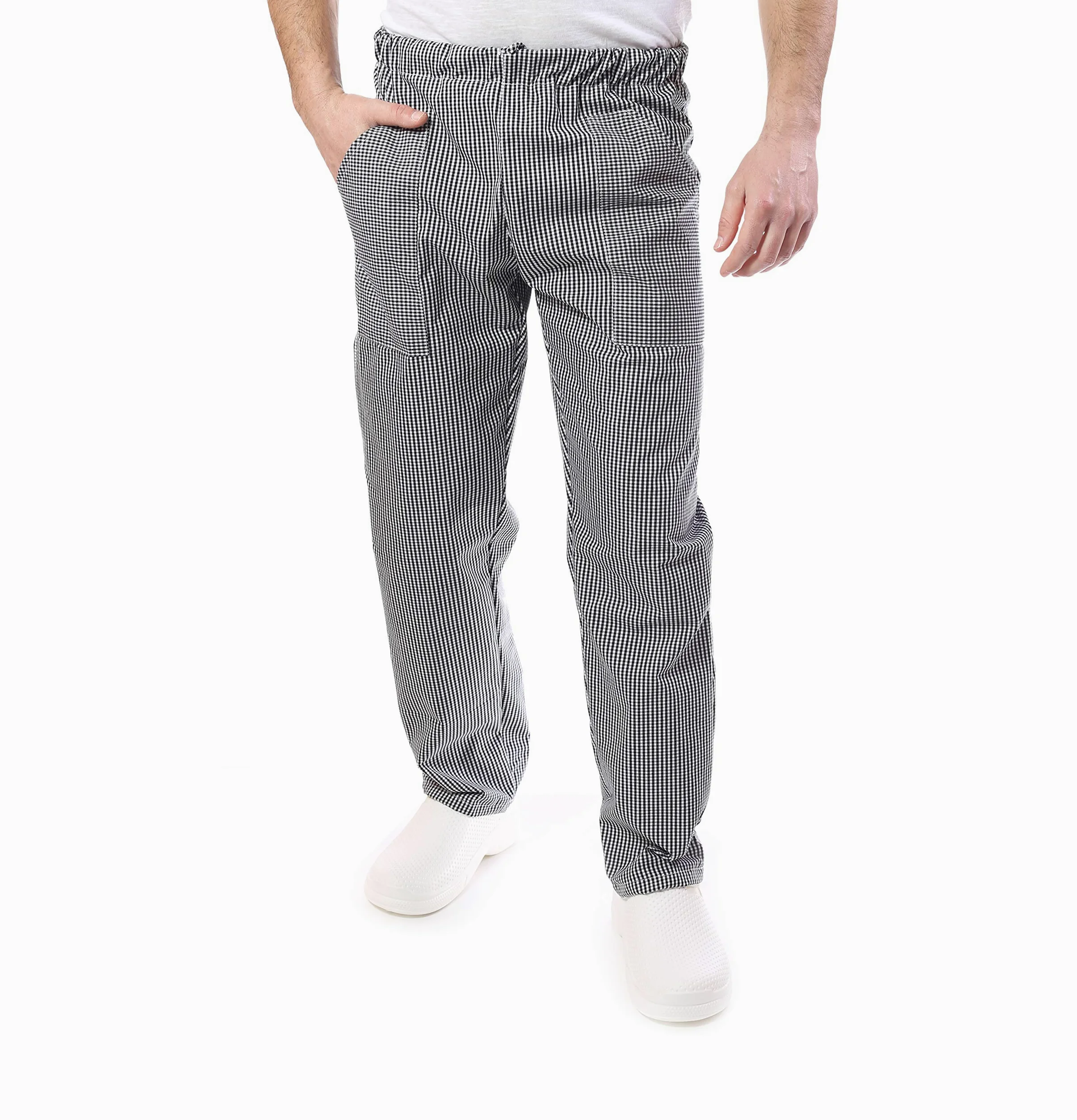 Bordado gratis - Conjunto de cocinero para hombre - Blanco/Burdeos y Pied de Poule - Uniforme Chef de manga corta - Chaqueta, pantalones y delantal - Algodón - Uniforme para cocina y