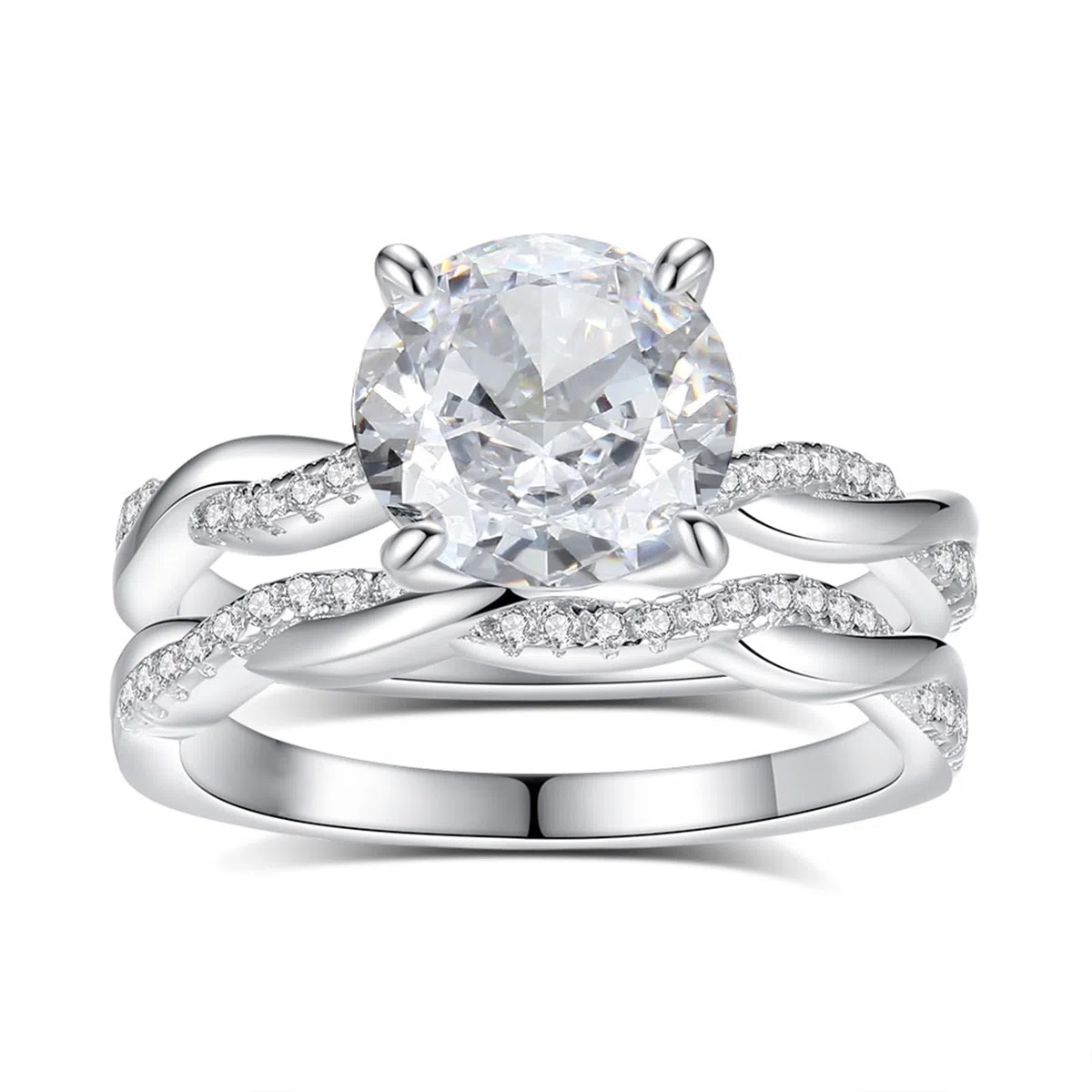Anillo de oro blanco para mujer, anillo de compromiso, oro auténtico, moissanite, 2 quilates, apilable, juego de 2 anillos de oro para mujeres