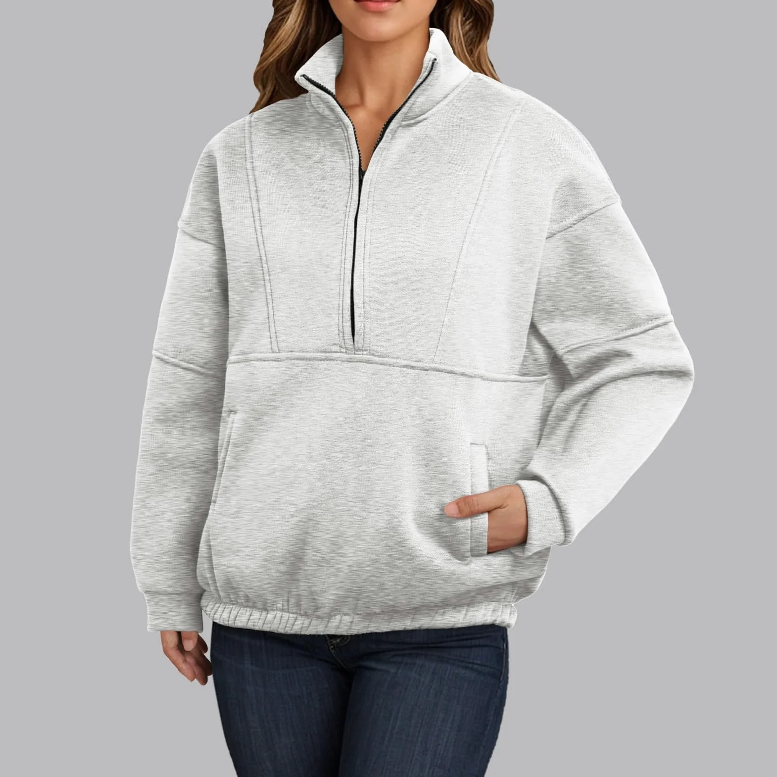 Sudaderas de moda con media cremallera para mujer, casual, manga larga, cuello con cremallera de un cuarto, trajes de invierno y otoño, cuello alto, ajuste holgado, lindas camisetas cómodas para mujer