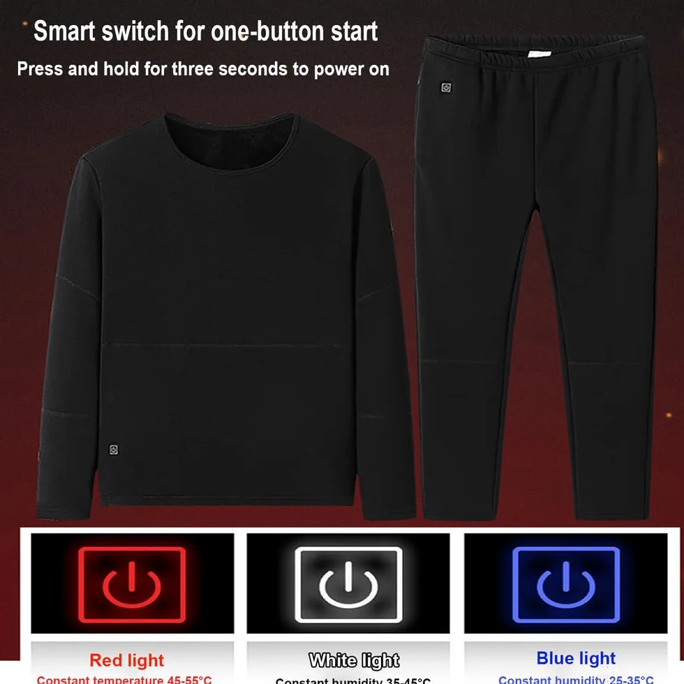 Conjunto de Ropa Interior térmica con Calefacción USB para Hombre, 22 Zonas de calefacción, Camiseta y pantalón térmicos, Capa Base Cálida Lavable,Negro,M