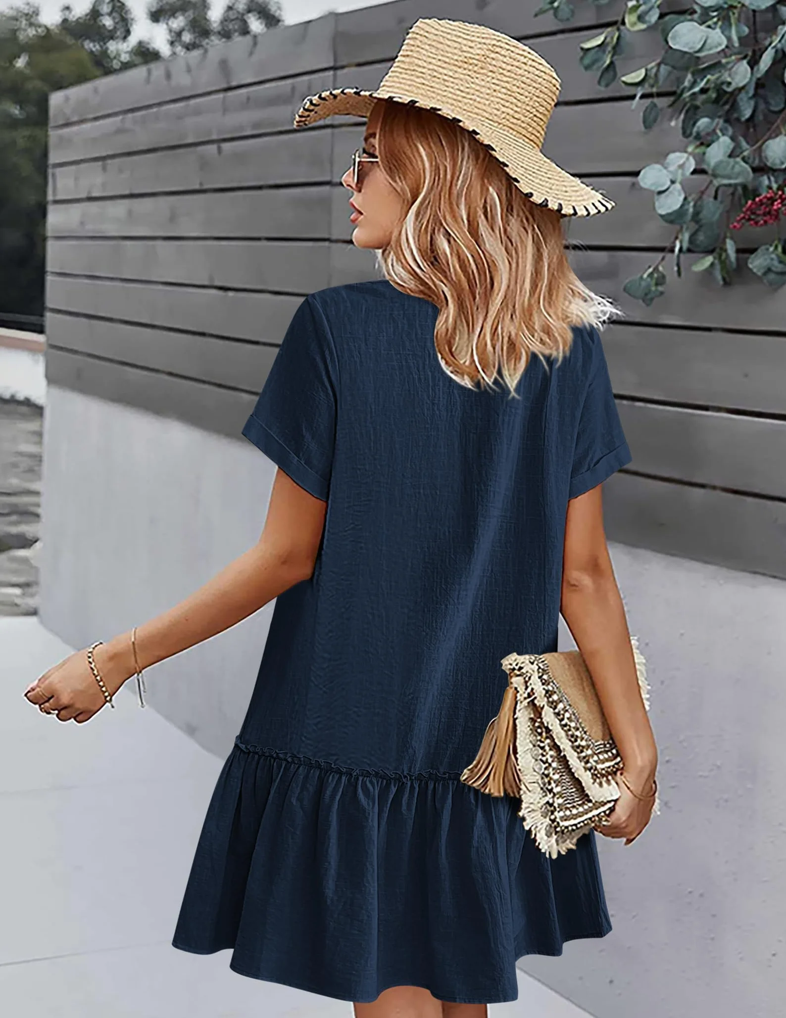 Hotouch Vestido de Lino Mujer Manga Corta Escote V Botones Verano
