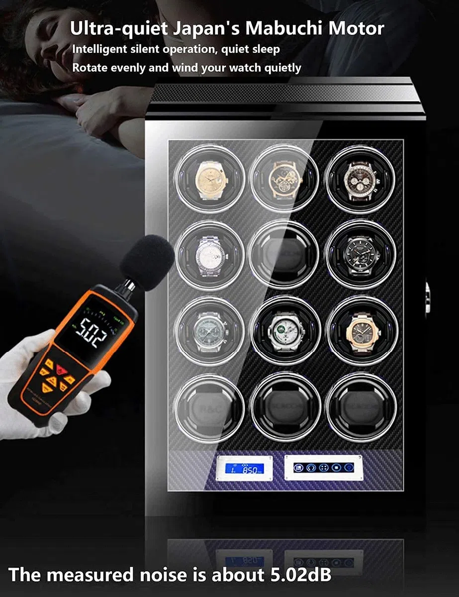 Mira enrollador para 3 relojes, bloqueo de huellas dactilares, pantalla táctil, control remoto, antimagnético, reloj vibrador ultrasilencioso, luz LED (Ebony Grain 3 relojes) (3 relojes negros)