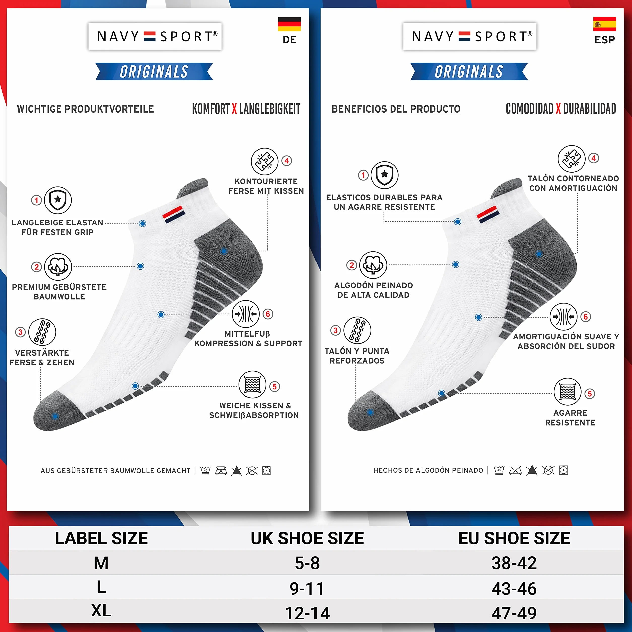 NAVYSPORT 6 Pares Calcetines Tobilleros Algodón Running Ciclismo CrossFit