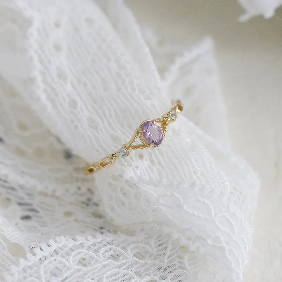 Anillo apilable de oro de 9 K/14 K/18 K, fino, vintage, calado, amatista, topacio, anillo de compromiso, joyas de oro real para mujer,