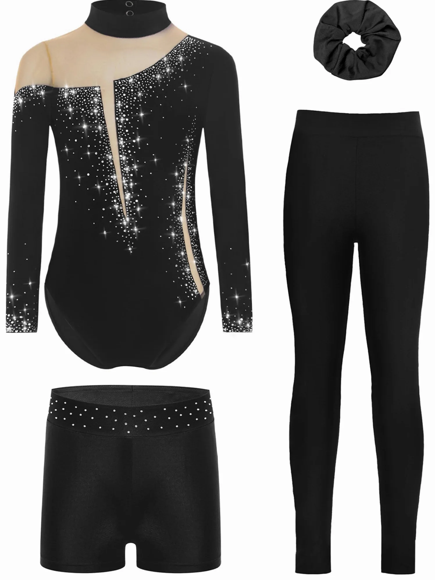 Piezas Traje Gimnasia Niñas Con Brillo Traje Entrenamiento Camiseta Manga Larga Patinaje Artístico Mono Baile Negro 15-16 años