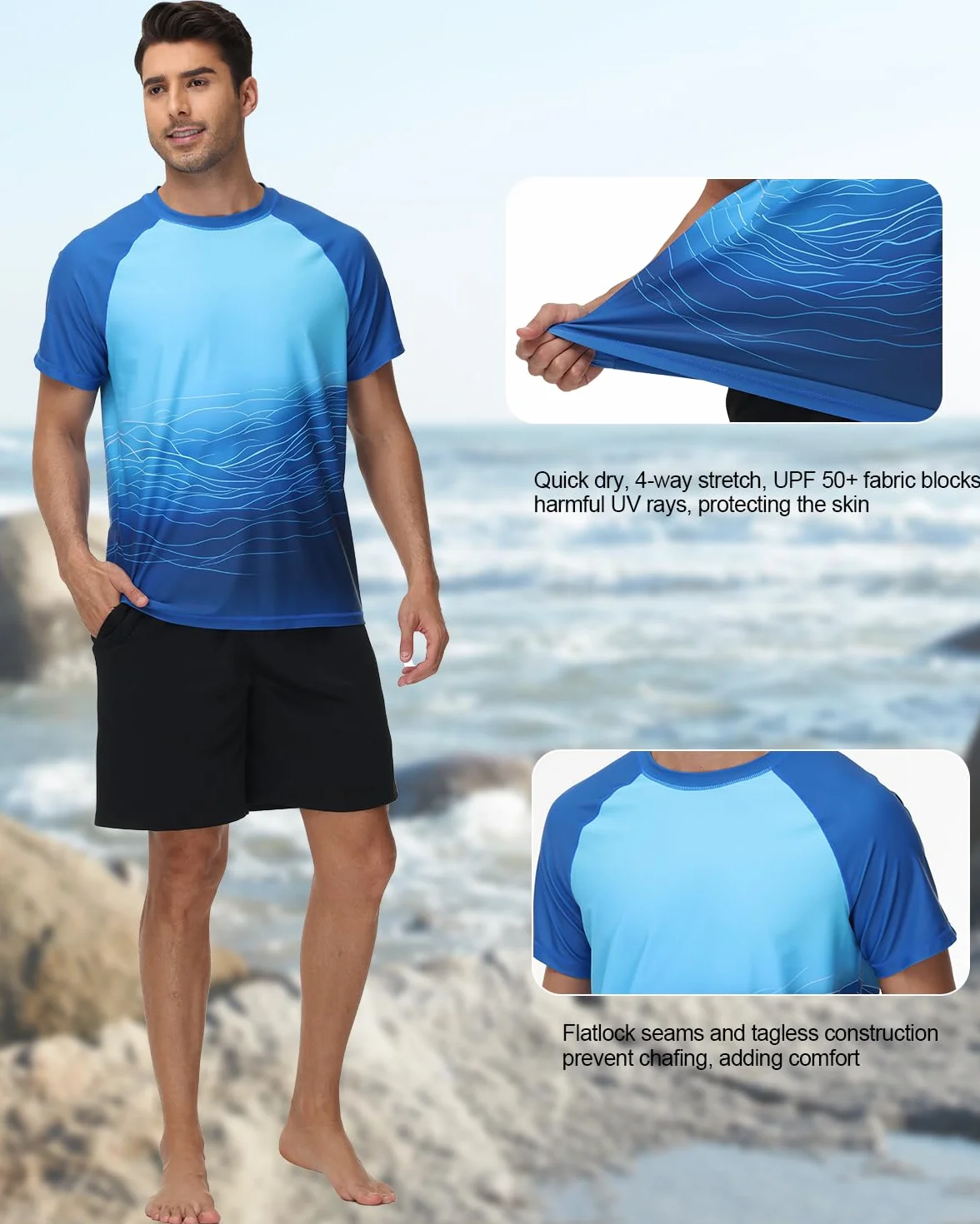 VAYAGER Camiseta de natación de manga corta para hombre, protección solar UPF 50+, de secado rápido, para agua, playa, protección solar