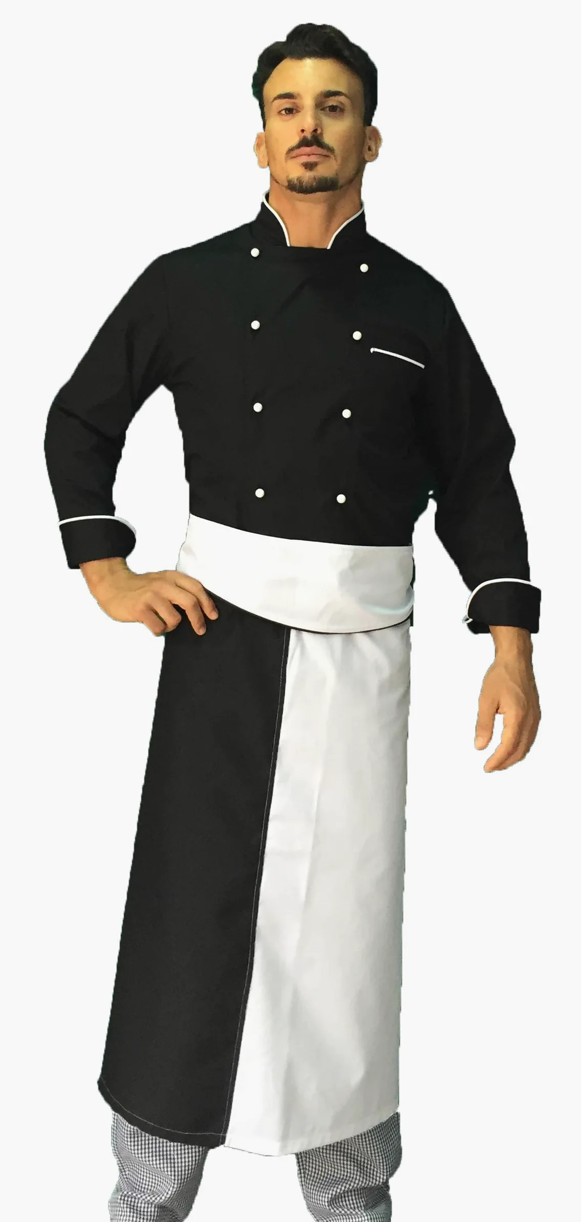 Bordado gratuito – Juego de cocina – uniforme cocinero negro y blanco – Chaqueta, pantalón y delantal – Fabricado en Italia