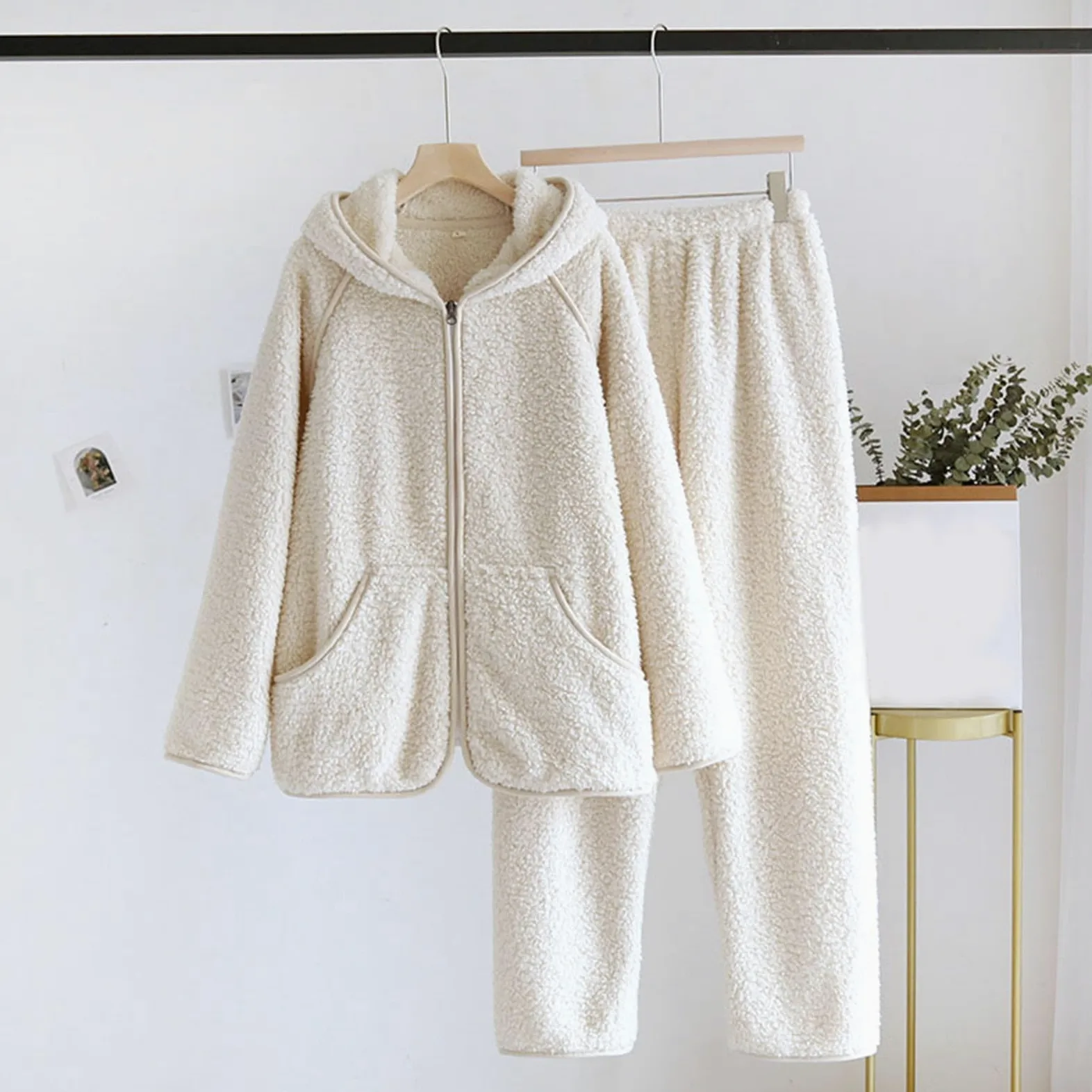 Pijama para mujer, otoño e invierno, juego de pijama de felpa de dos piezas de manga larga gruesa de franela y pantalones de 2 piezas cálido traje de casa de forro polar ropa de salón térmica