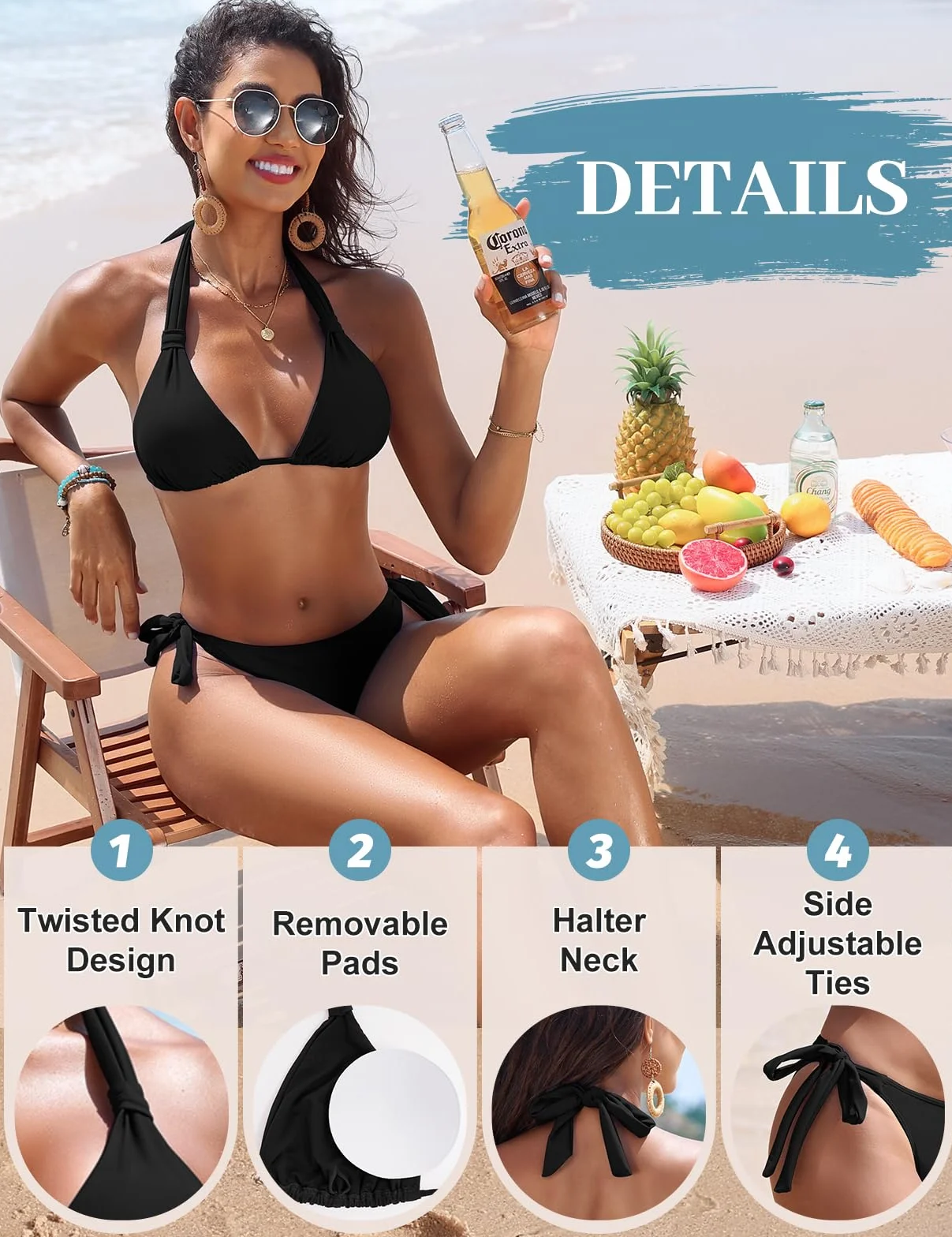 Nadeer Bikinis Mujer Push Up Conjunto Traje de Baño Halter Sexy Relleno Dos Piezas Cintura Media Lazo Lateral