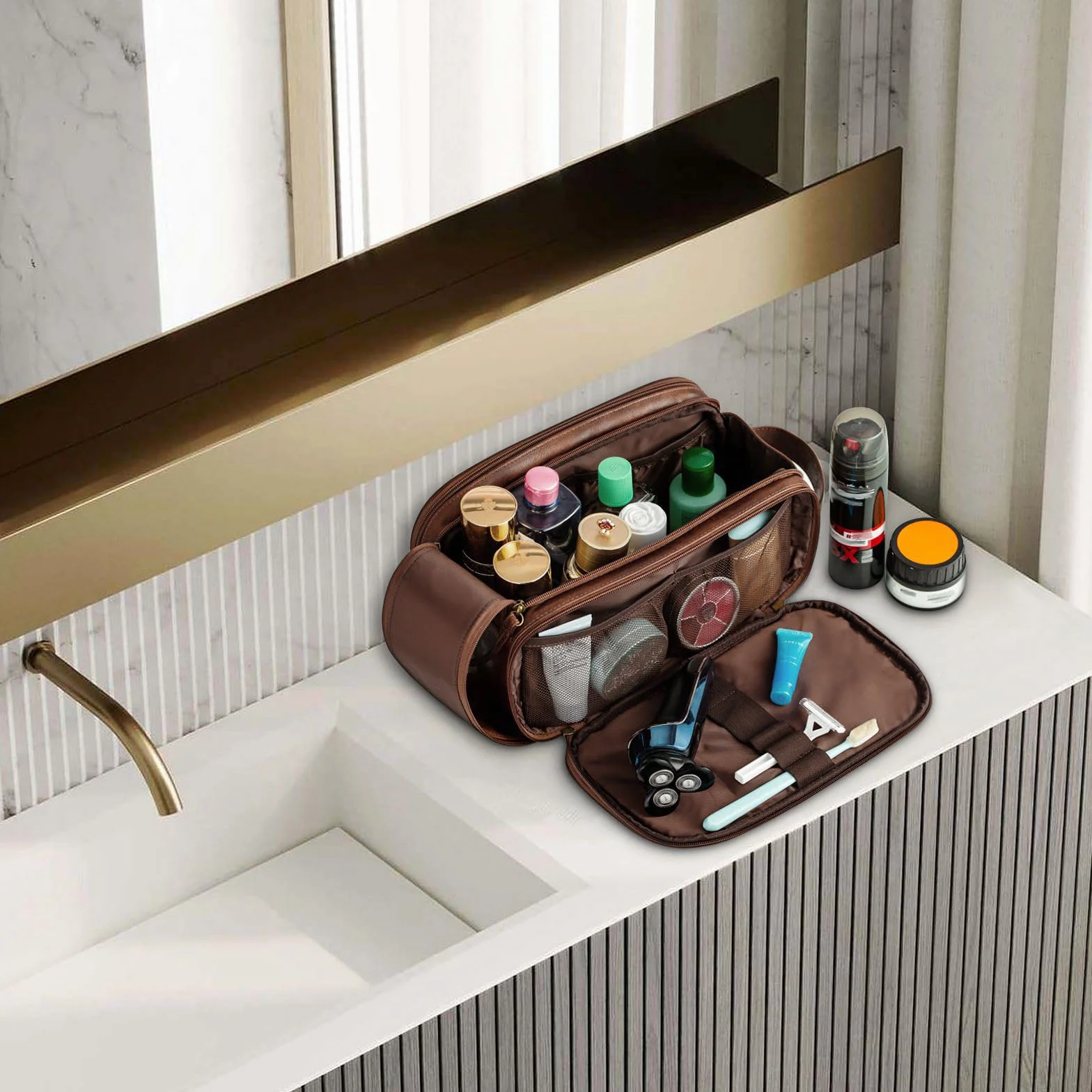 Elviros Neceser Hombre de Viaje, Bolsa de Aseo Grande Impermeable PU, Organizador Portátil con Gran Capacidad, Dopp Kit Hombre para Gimnasio y Trabajo