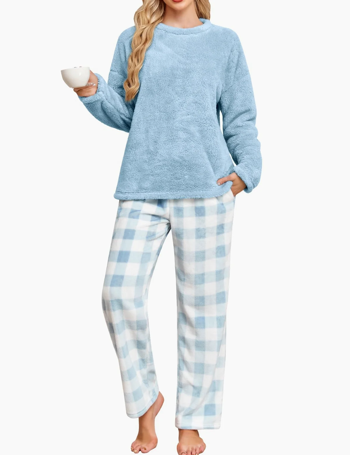 UMIPUBO Pijama Mujer Invierno Polar Manga Larga y Pantalón Largo con Bolsillo Franela 2 Piezas Conjunto de Pijama Calentito Cuadros Ropa de Dormir Suave Plaid Pijamas Navidad