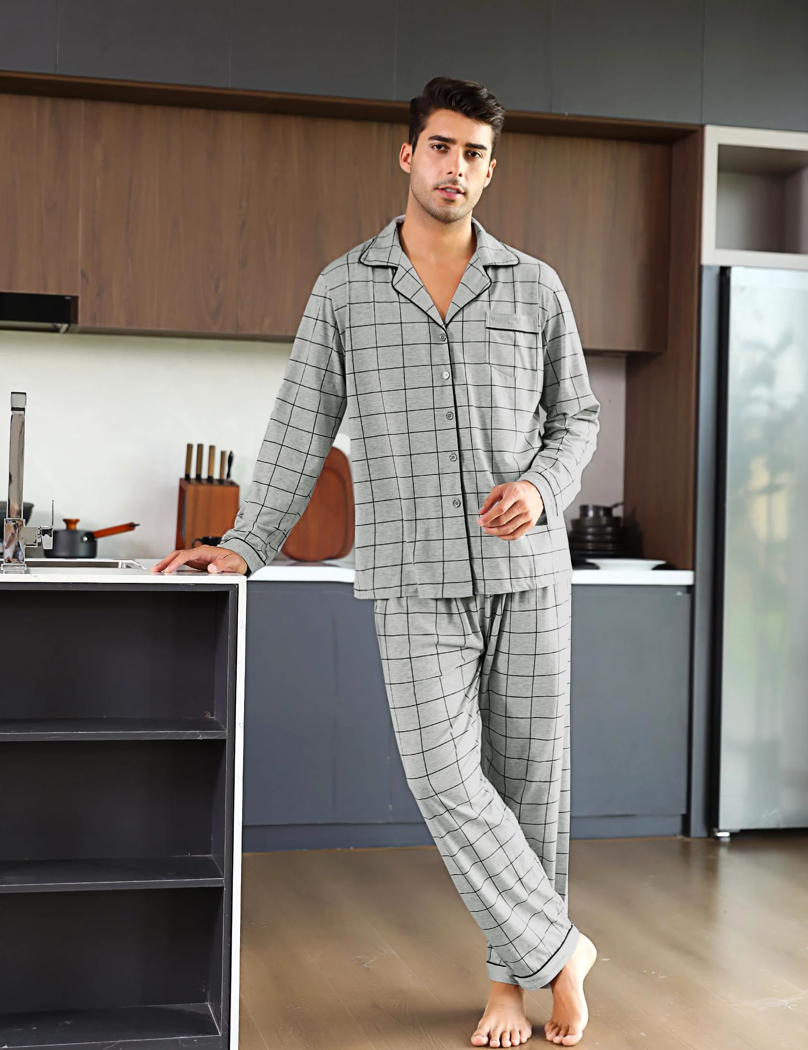 iClosam Pijama Hombre Invierno Algodón Pijamas con Botones a Cuadros | Conjunto de 2 Piezas, Camiseta Manga Larga, Pantalón Largos, Dormir Casa, Suave y Cómodo, Otoño y Frío Interior