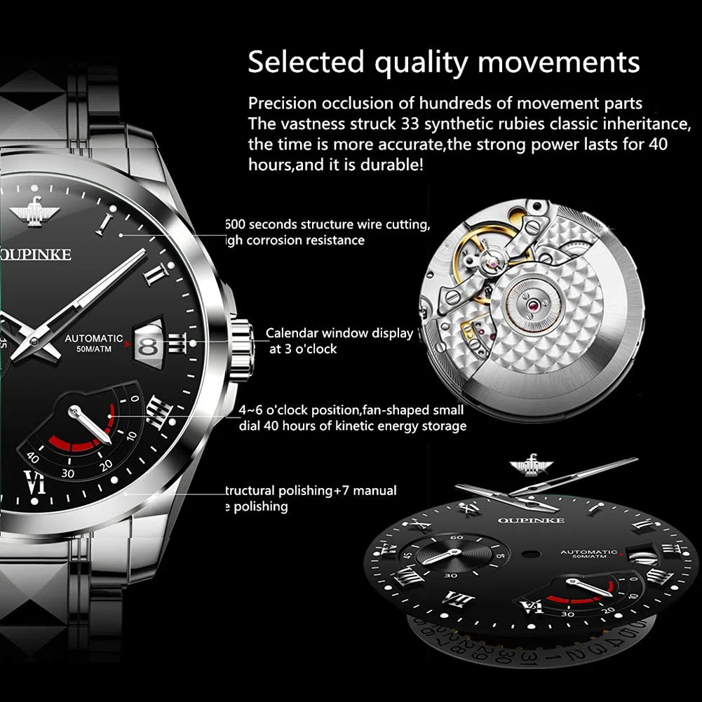 OUPINKE Relojes automáticos para hombres impermeables de cuerda automática relojes para hombres de moda mecánicos automáticos relojes, Negro,