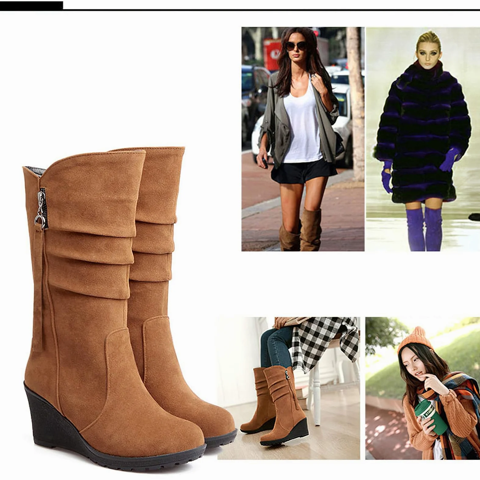 rismart Botas Slouch Mujer Media Pantorrilla Tacón Cuña Forro Fino de Piel Ante Zapatos de Invierno