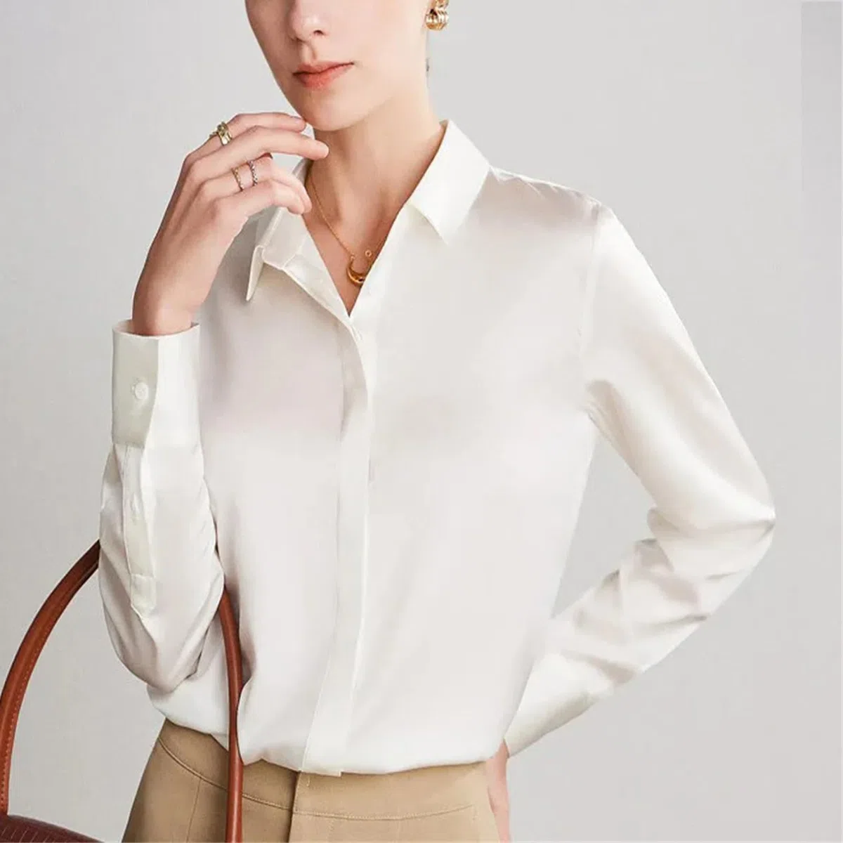Vogrtcc Blusa de seda para mujer con encaje cosido de manga larga para oficina