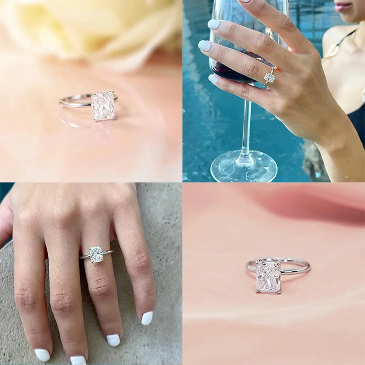 Anillos para mujer para dedo medio, alianzas de oro blanco, solitario elegante, con corte rectangular moissanite
