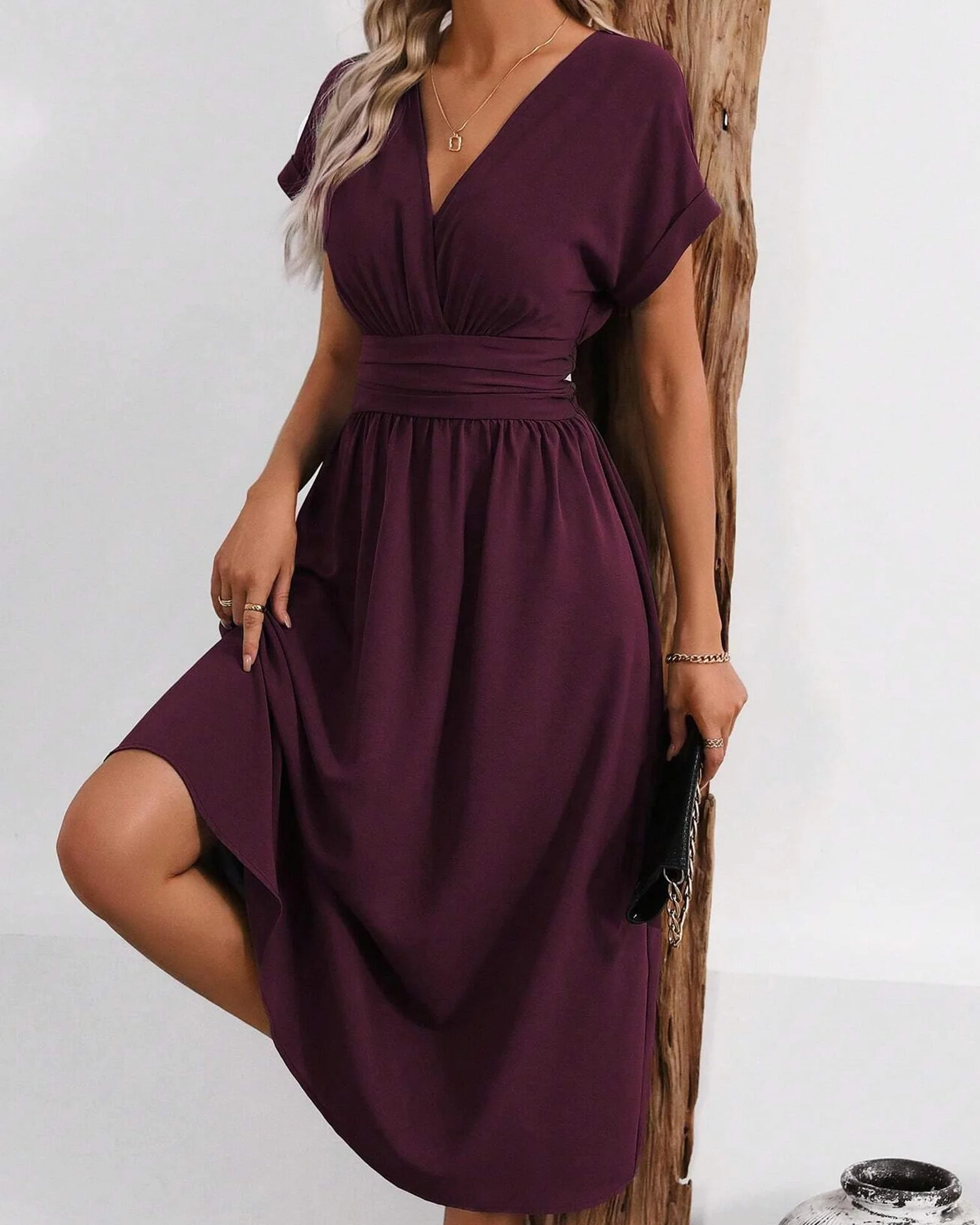 Vestido Largo Elegante Mujer Verano Cuello en V Manga Corta Casual Elástico