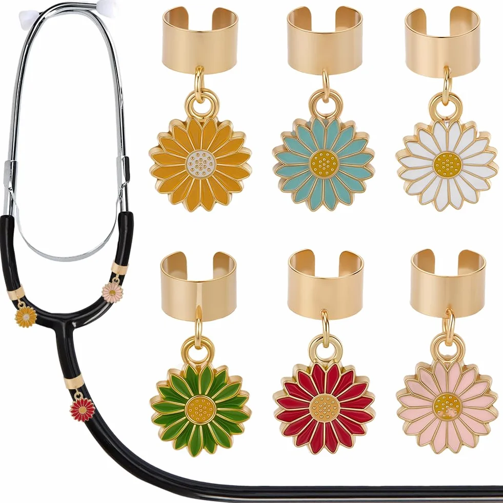 6 pieza de Dijes de Estetoscopio de Margaritas de 6 colores Accesorios para Estetoscopio Lindas Pequeñas Flores de Esmalte de Aleación de Oro Decoración de Colores Mixtos Dijes de Etiqueta de