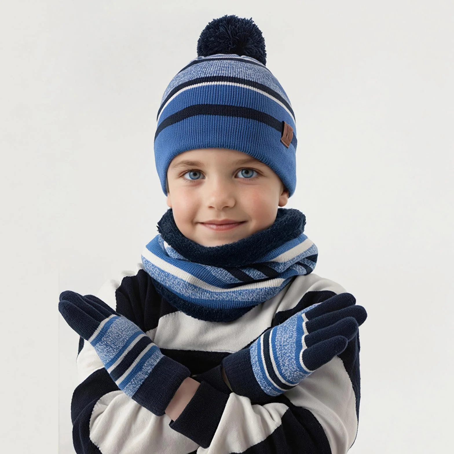 LACOFIA 3 Piezas Conjunto de Gorro Bufanda Guantes Invierno para Niños Beanie Punto con Pompon Sombrero Forro Polar Térmico para Niños 2-7 Años