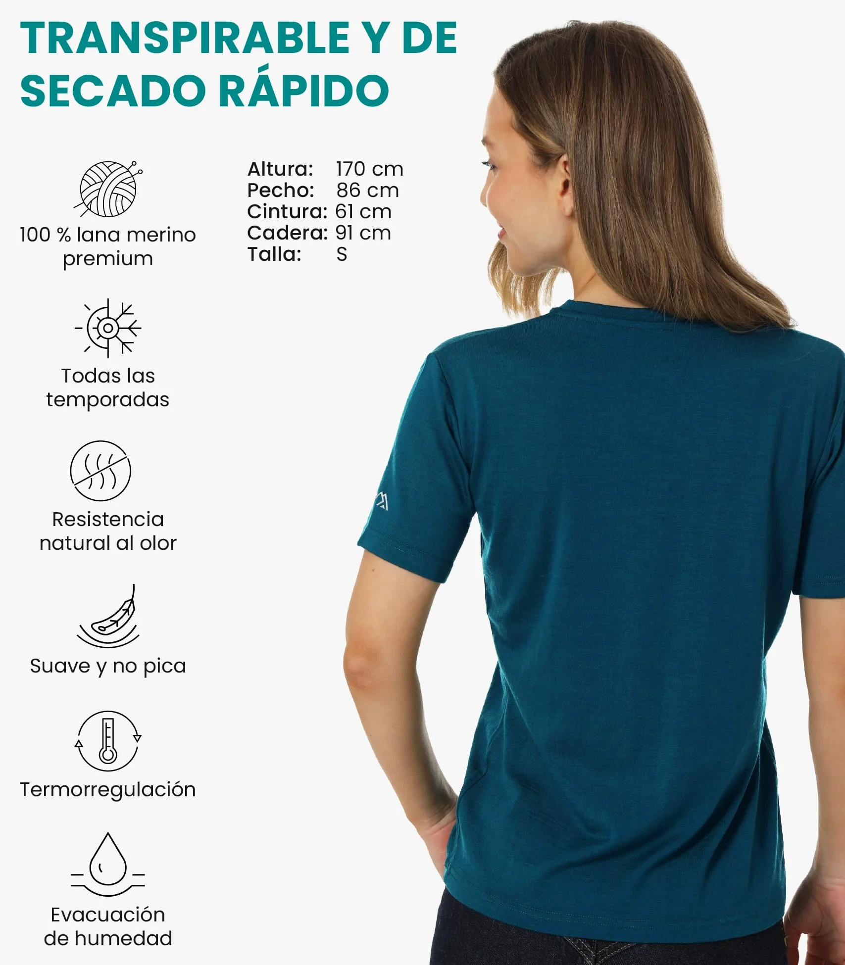 Camiseta Manga Corta Lana Merino Mujer - 100% Lana Merino + Calcetines (Small, V Azul Verde Intenso)