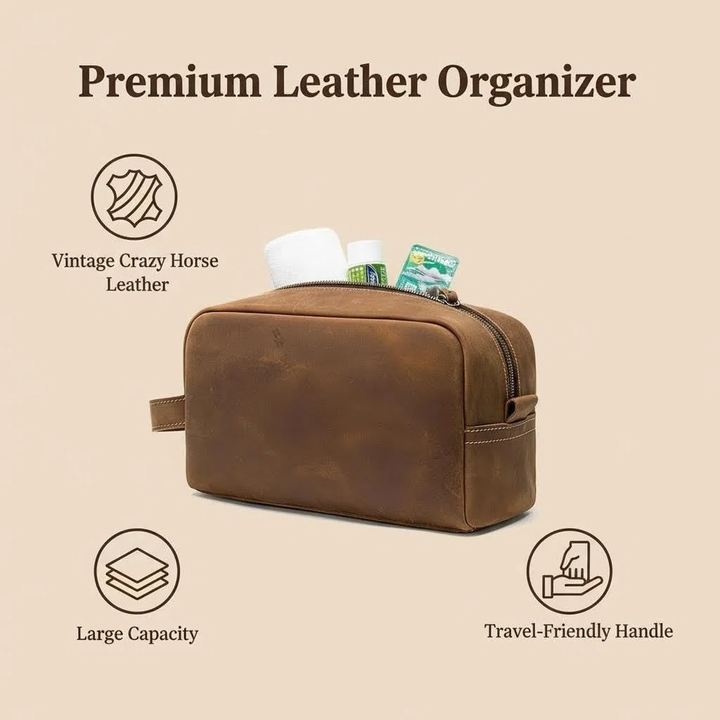 Neceser de viaje de cuero vacuno para hombre, kit de afeitado resistente al agua y organizador de cosméticos, bolsa de aseo unisex, Marrón1